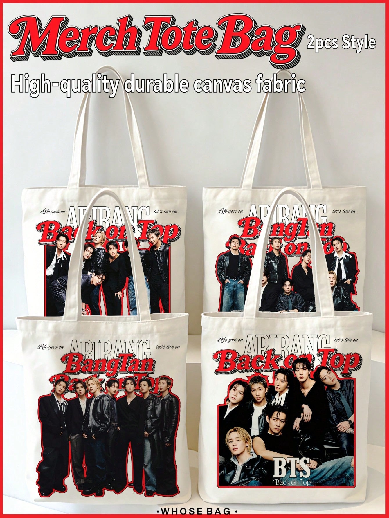 B-TS ARIRANG Tote Bags, J-H, V, JK Double-Sided Printed B-TS "Back On Top" ARIRANG Group Portrait Pattern Open-Top Casual Tote Bag, Suitable For ARMY Daily Use, Christmas Birthday Gift