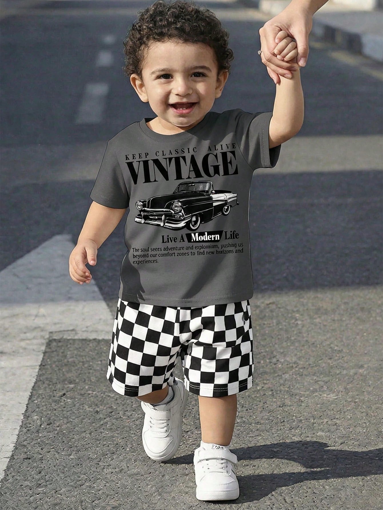 Baby Boy Casual T-Shirt Set Suitable For Summer, Classic Retro Racing Car Graphic Print, Cool Slogan Graphic Print, Classic Black And White Checkered Flag Print