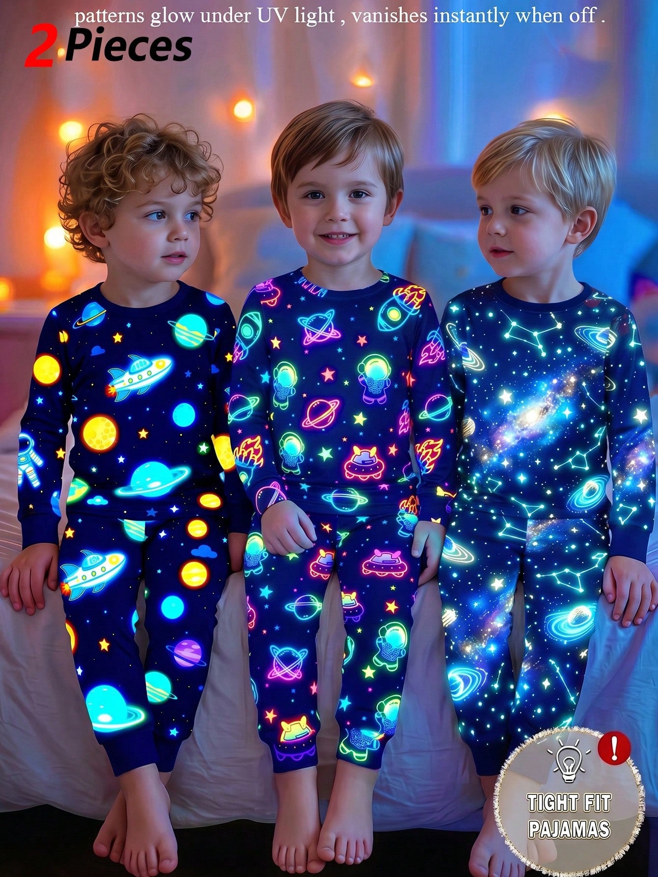 Baby Boy Glow-In-The-Dark Space Theme Fitted Pajama Set, 2 Pieces, Navy Blue Base With Fluorescent Astronaut, Planet And UFO All-Over Print, Pattern Glows With Vibrant Colors Under UV Light, Knitted F