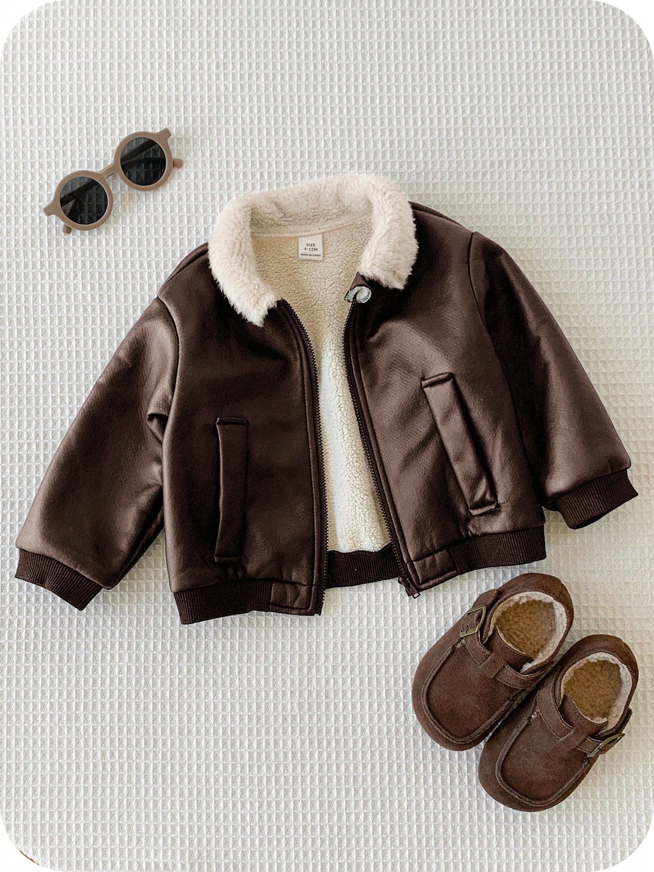 Baby Boys Casual Cute Street Style Black PU Leather Thermal Lined Long Sleeve Zip-Up Jacket, Baby Winter Clothes