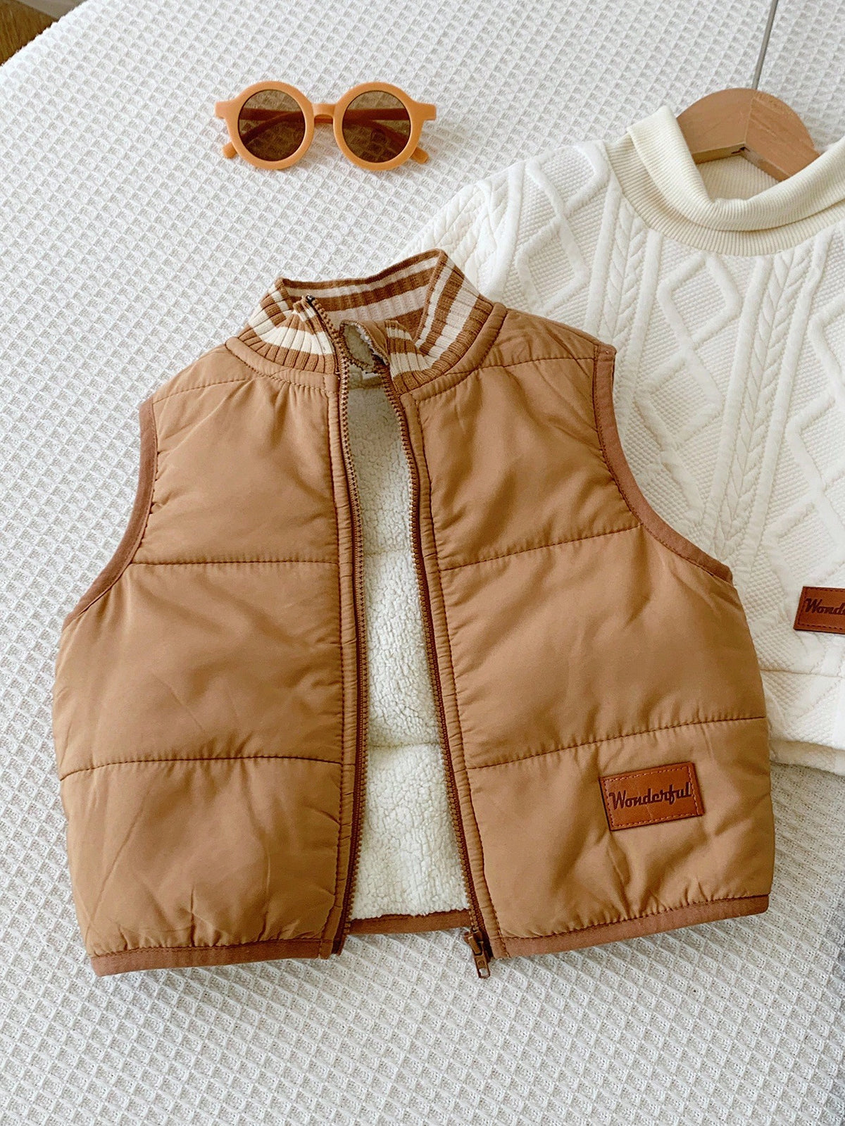Baby Boys Thick Thermal Lined Khaki Zip Up Jacket Vest, Casual Versatile Autumn/Winter Fall