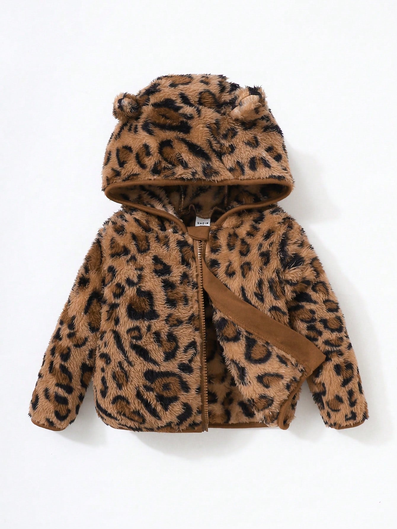 Baby Girl Warm Chic Cute Everyday Casual Leopard Plush Bear Ear Hooded Jacket, Suitable For Outdoor Wear