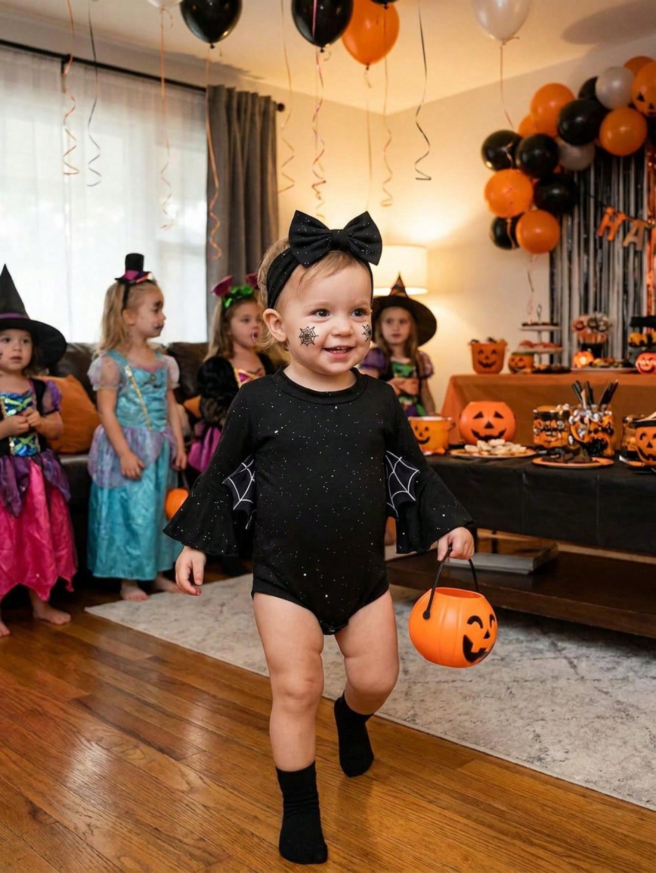 Baby Girls Halloween Bat Fashion Long Bell Sleeve Spider Web Print Romper With Headband 2Pcs Outfit