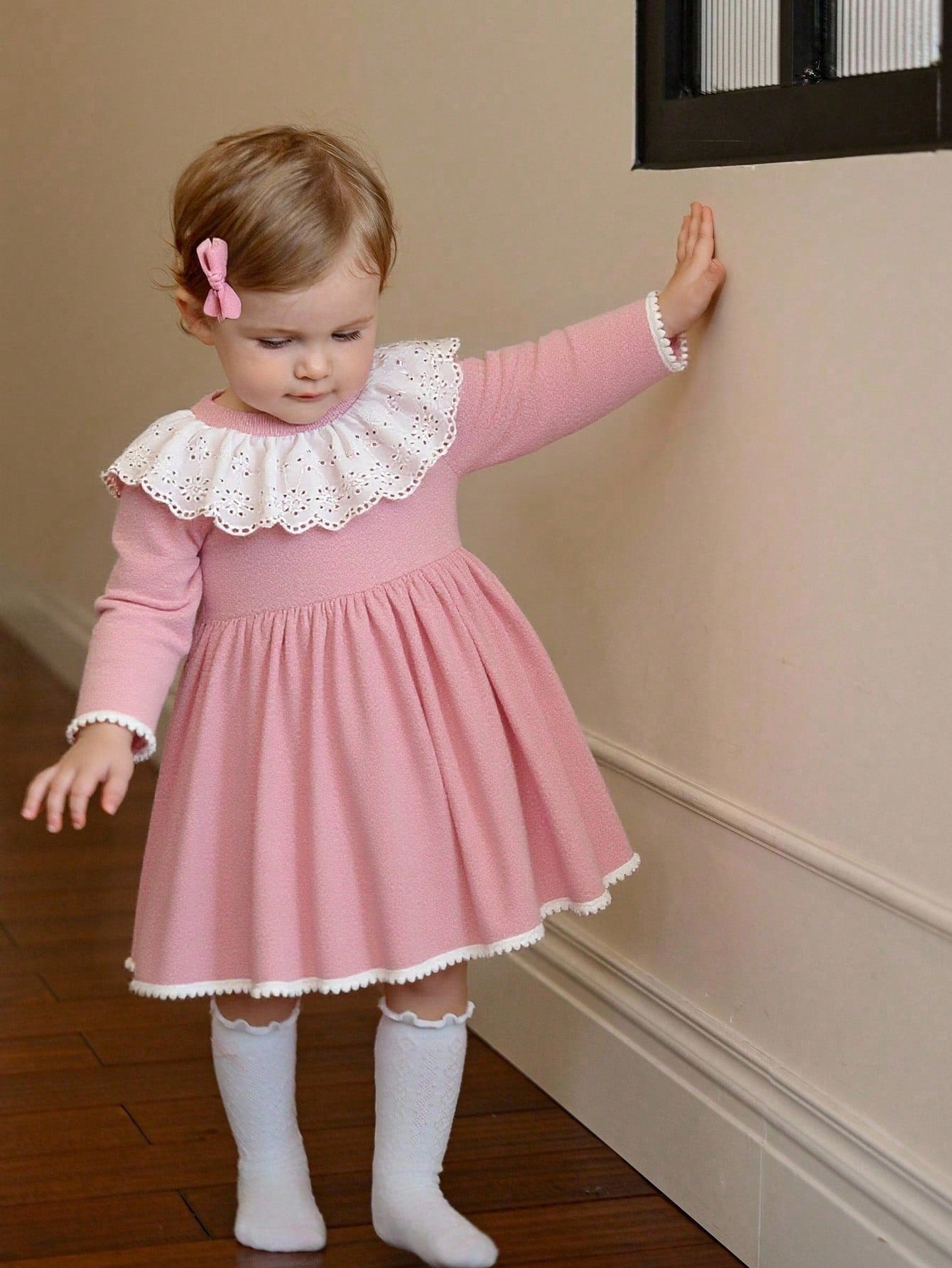 Baby Girls' Pink And White Cute Birthday A-Line Dress,Solid Long Sleeve Ruffle Trim Round Neck Elegant Autumn Fall Winter Outfits For Gatherings