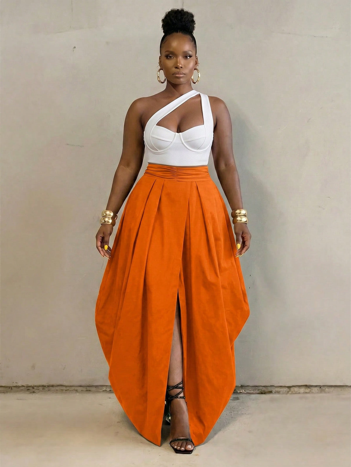 BamGlimmer Burnt Orange Summer Elegant Party Vacation Solid Oversized Split Front Skirt Fashion Vital Resort Hip-Hop Casual Style Suitable For Spring Autumn