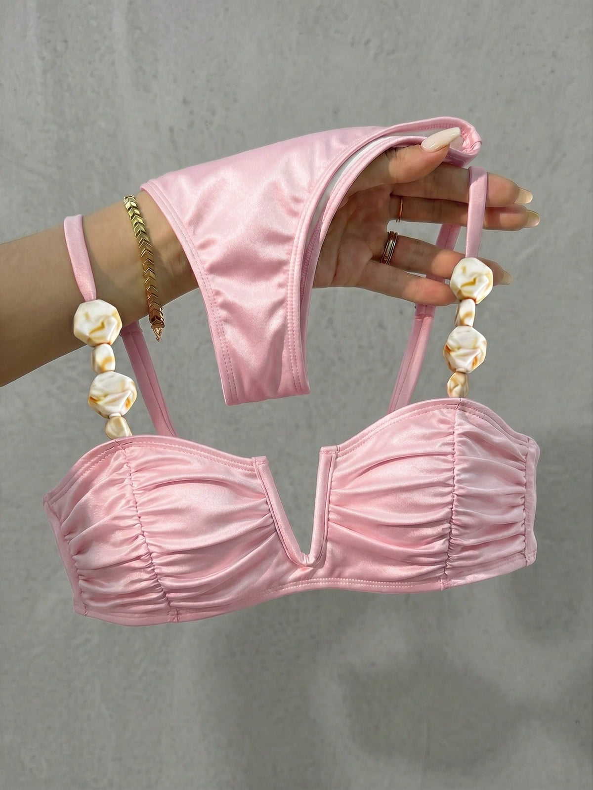 Bikinx Women's Elegant V-Neck Underwire Bikini Set, Spaghetti Straps With Beaded Trim, Ruched Cups High-Stretch Swimwear Vacation Pink Beach Summer