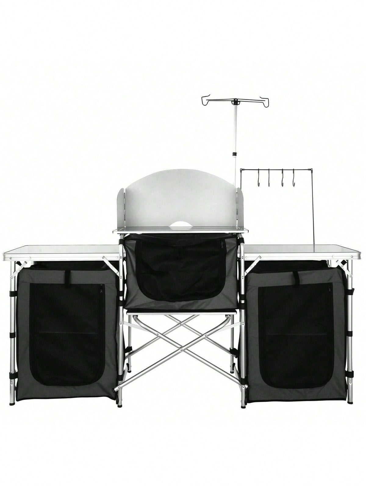 Camping Kitchen Table, Folding Outdoor Cooking Table With Storage Carrying Bag, Aluminum Cook Station 3 Cupboard & Detachable Windscreen, Quick Set-Up For Picnics, BBQ, RV Traveling, Black
