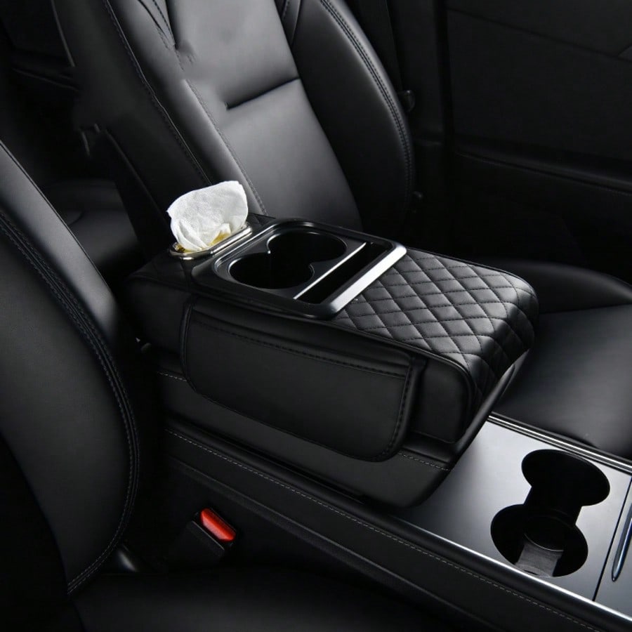 Car Armrest Cover, Faux Leather Center Console Pad With 2 Side Pockets + 2 Cup Holders, Multifunctional Storage For Phones/Water Bottles/Cards, Fits Most Car Models, Tissue Box Included, Enhances Comf