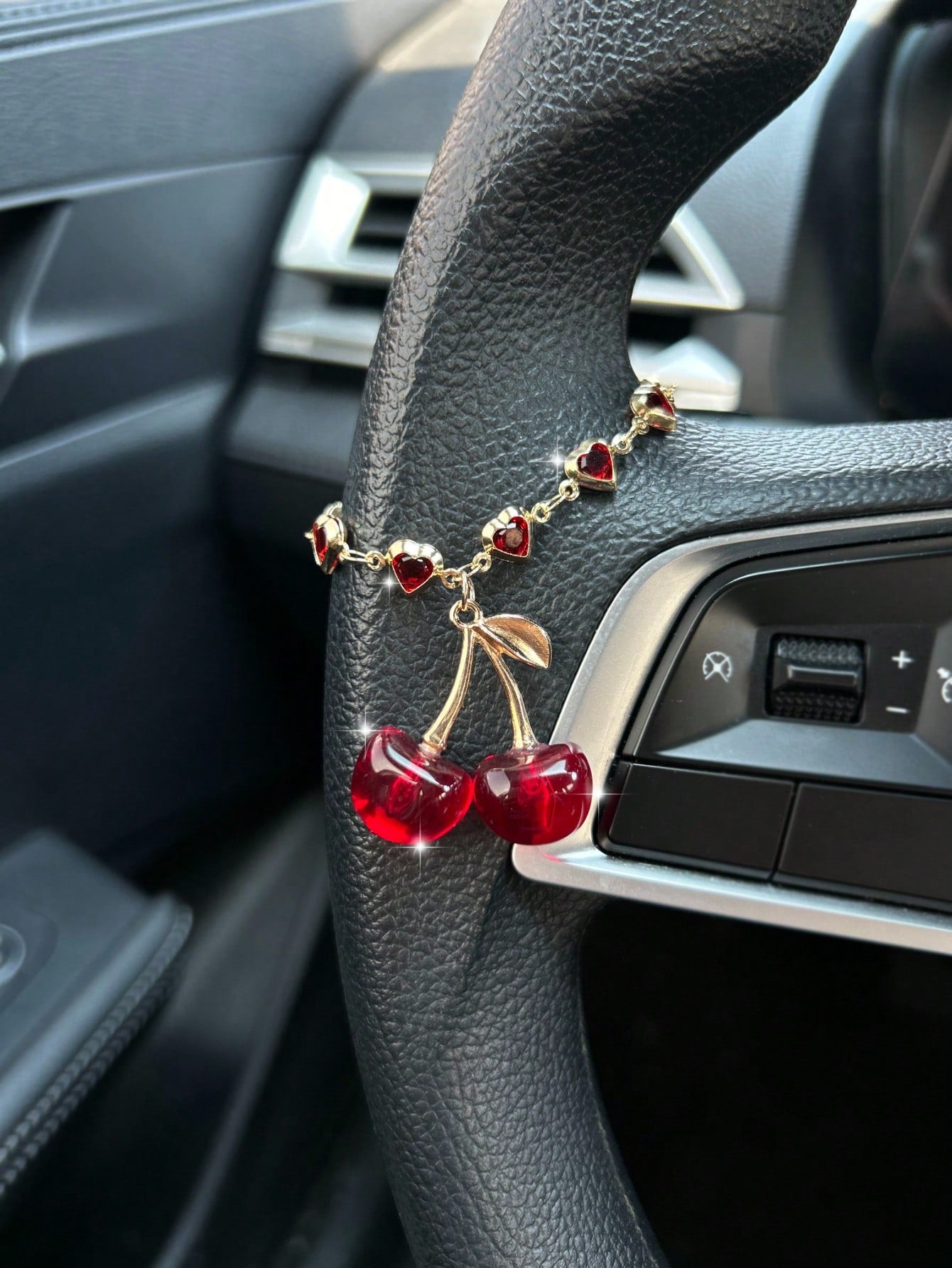 Cherry Car Pendant, Crystal Butterfly Decor Hanging Ornament, High-End Steering Wheel Decoration Accessory