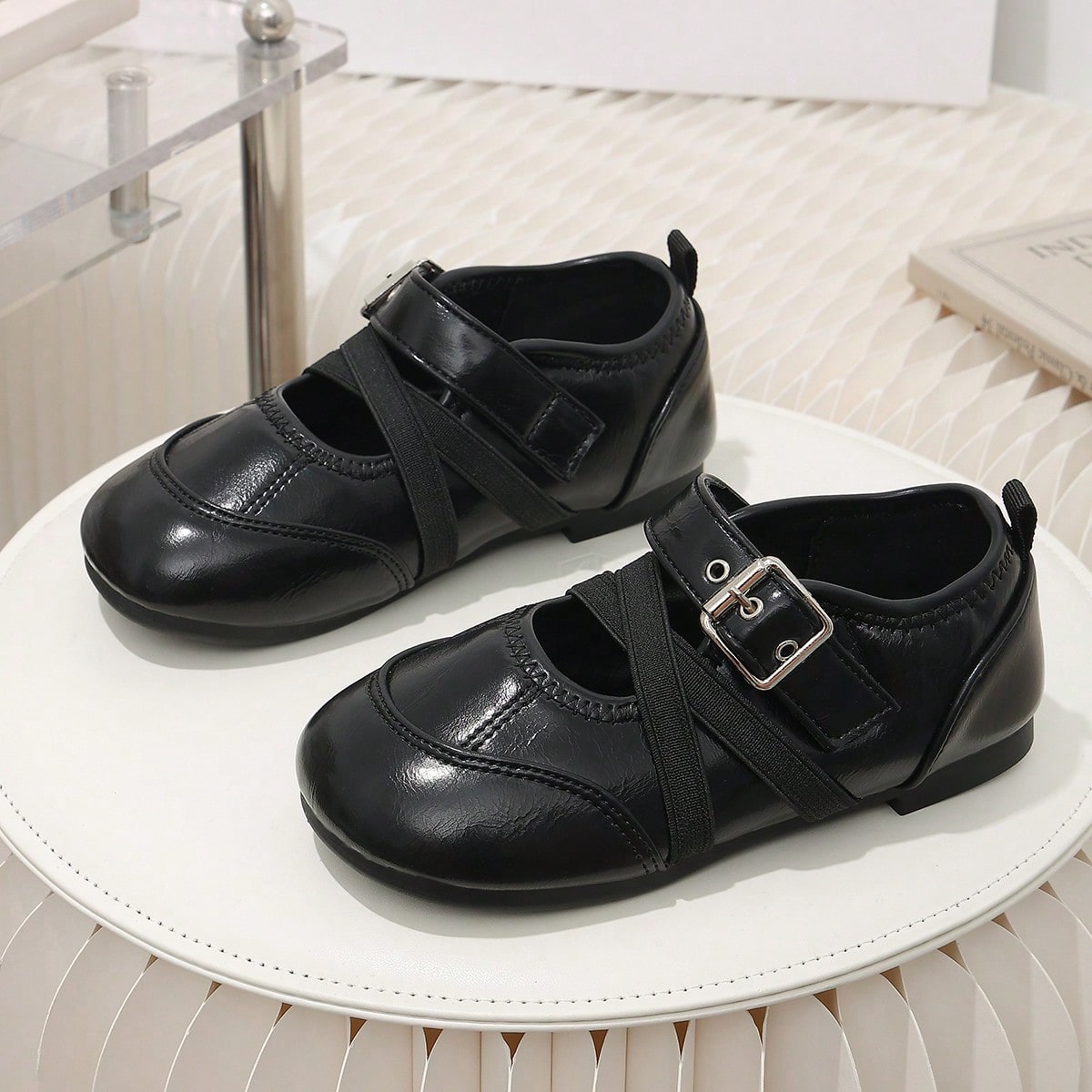 Children's Vintage Black Mary Jane Shoes, Cross Strap Buckle Decor Non-Slip Flat Shoes, Little Girls' Formal Princess Shoes
