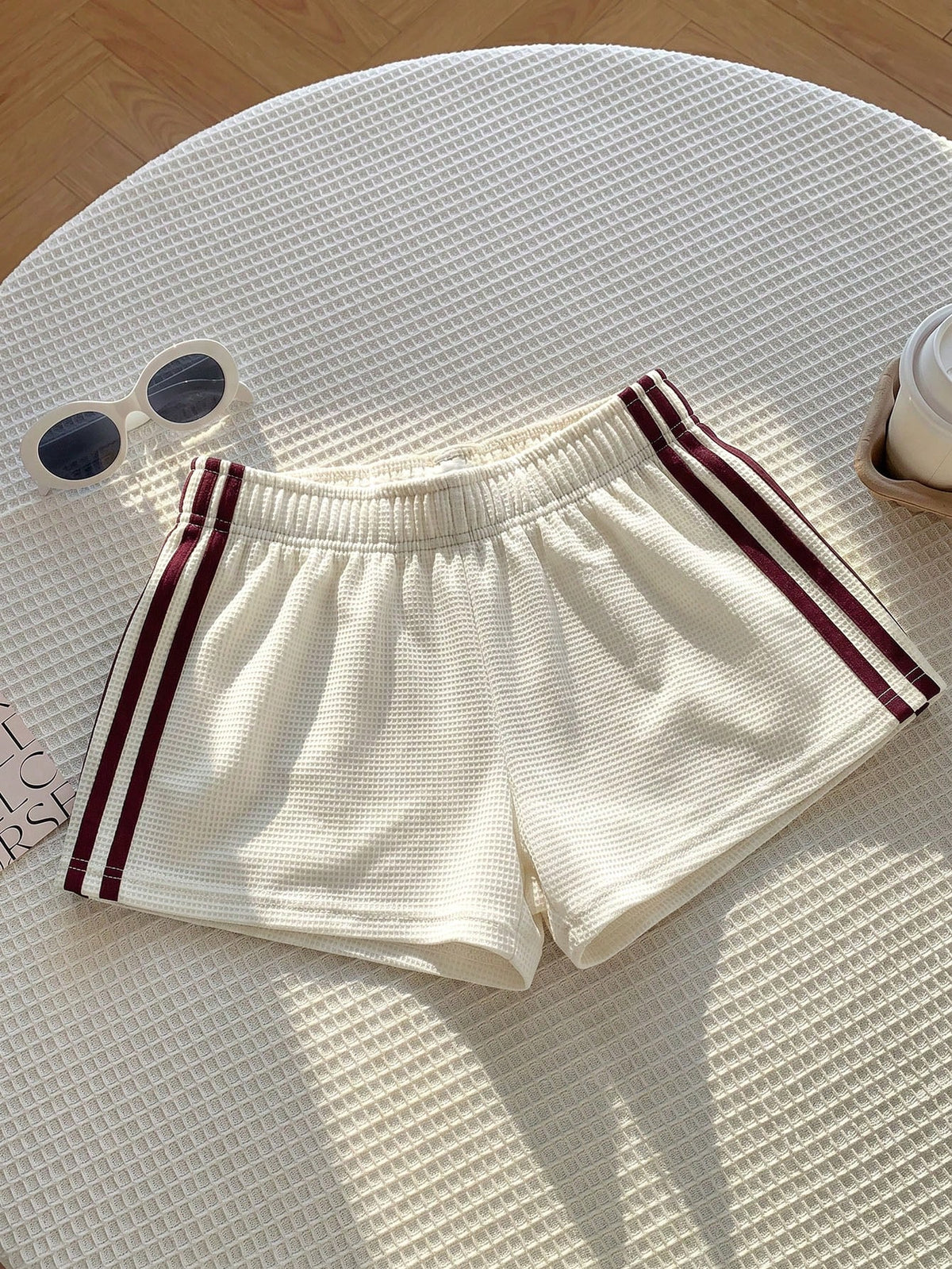 Comfortcana Women's Summer Casual Sports Everyday Commute Waffle Fabric Apricot & Burgundy Striped Side Loose Shorts