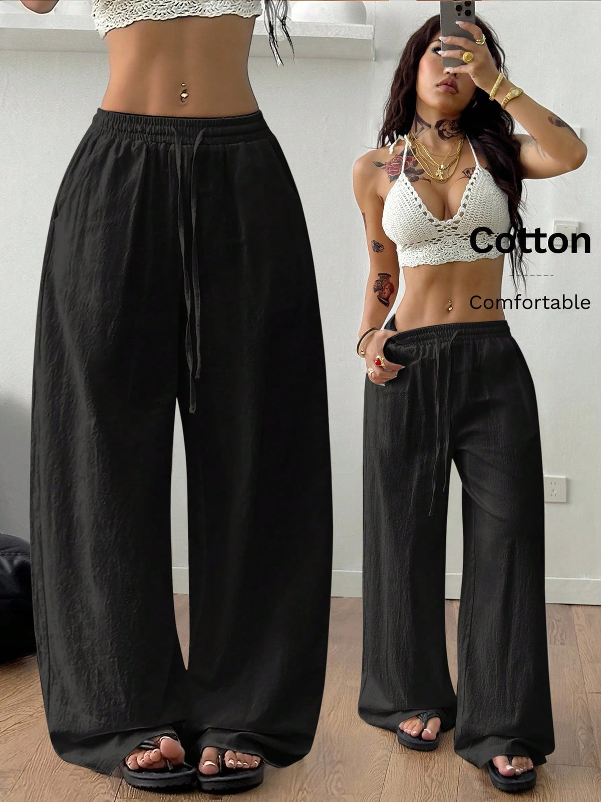 Coolane Women's Summer/All-Season Country Concert Going Out Beach Boho Basic Minimalist Washed 100% Cotton Curved Hem Pants