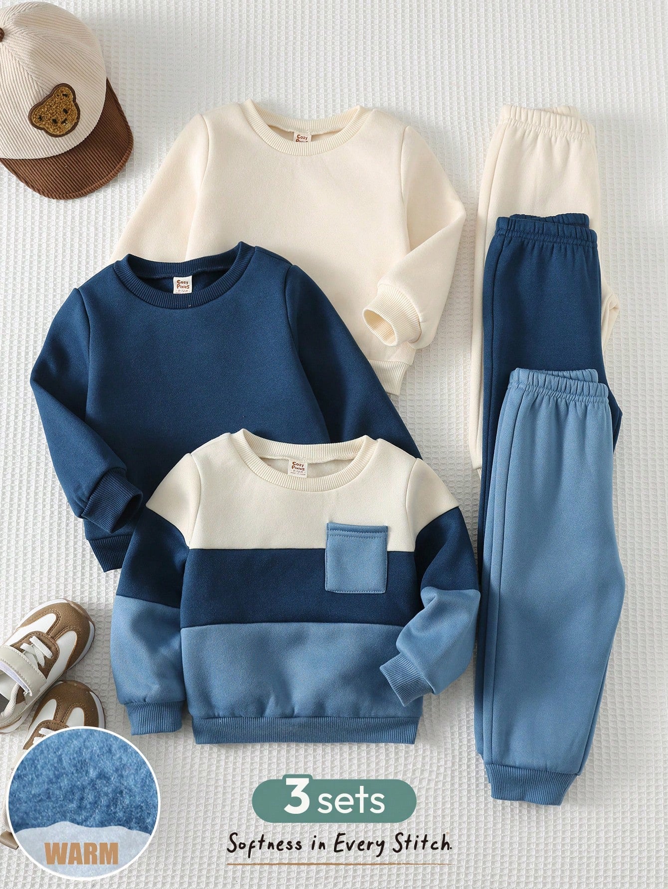 Cozy Pixies 6pcs Baby Boy Contrast Color Knit Soft Crew Neck Long Sleeve Pullover Sweatshirt & Elastic Waist Pants Set