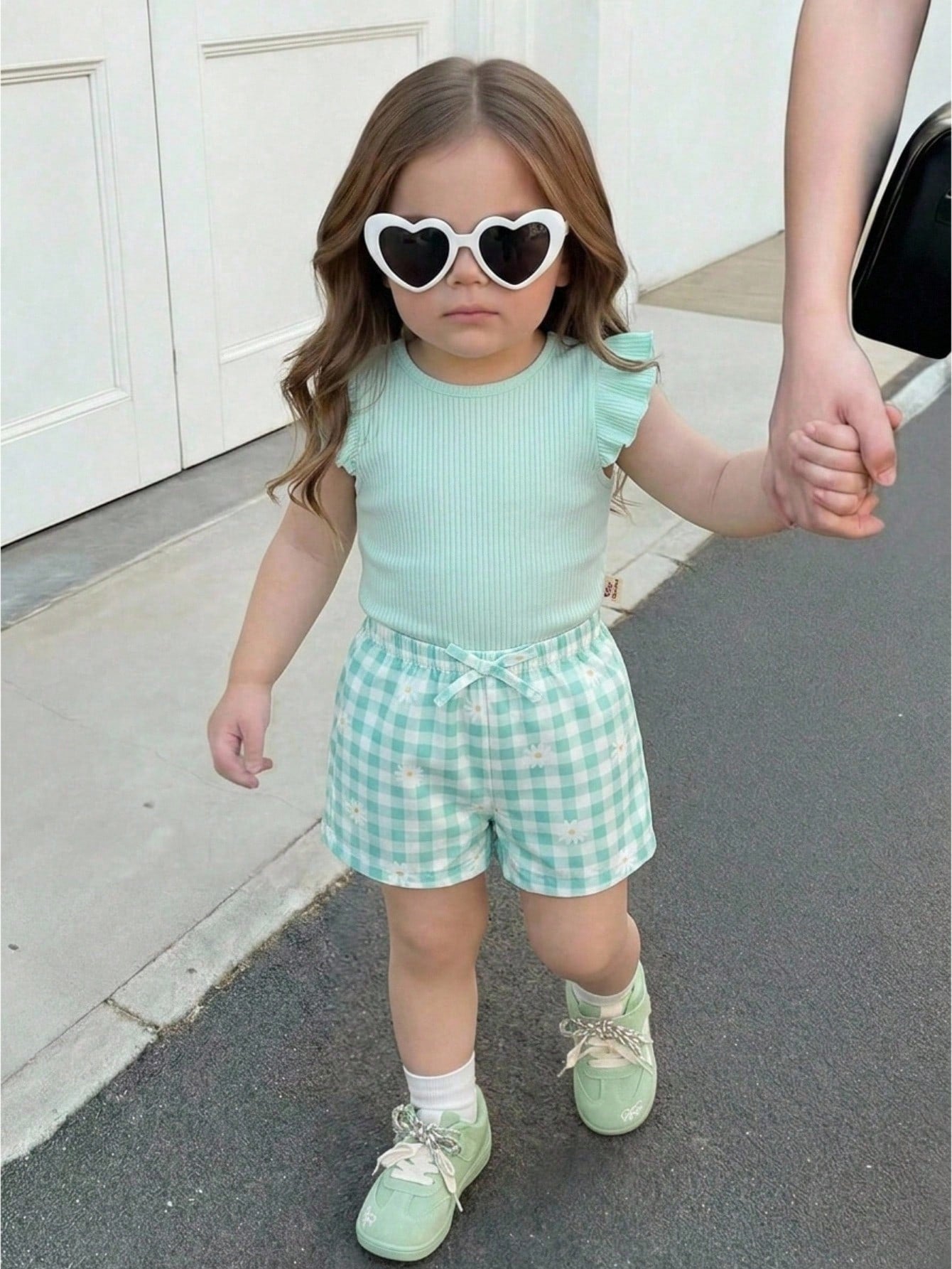 Cozy Pixies Baby Girl Fashion Vacation Casual Playful Companion Summer Mint Blue Textured Cute Flutter Sleeve Top And Plaid Shorts Set,Essential Daily Outfit