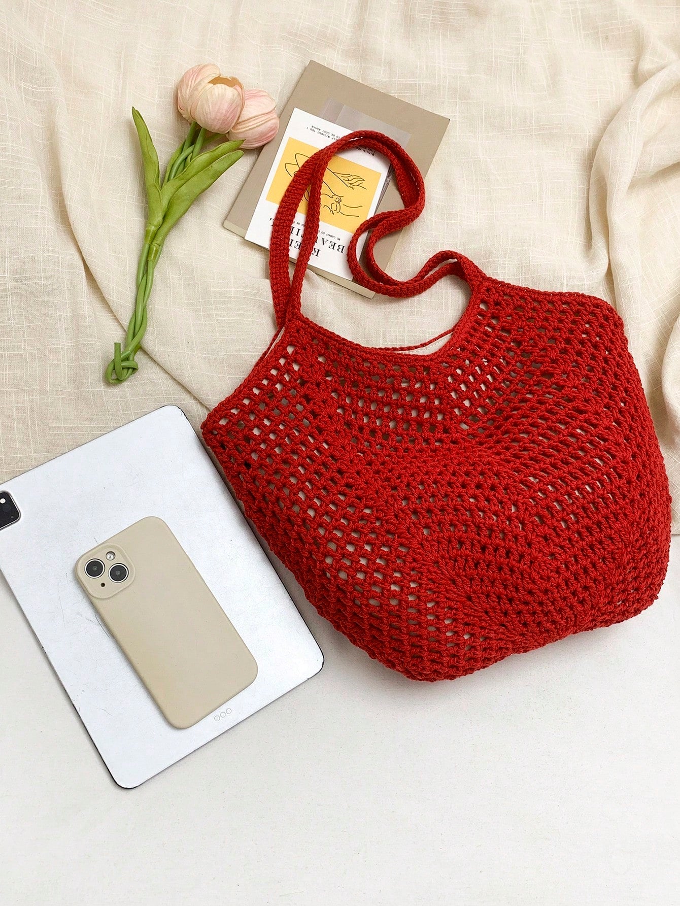 Crochet Mesh Tote Bag For Women, Handmade Hollow Out Shoulder Tote Bag, Large Capacity, New High-Quality Solid Color Red Magnetic Closure Tote Bag, Shoulder Bag, Handbag, Large Crescent Hollow Design