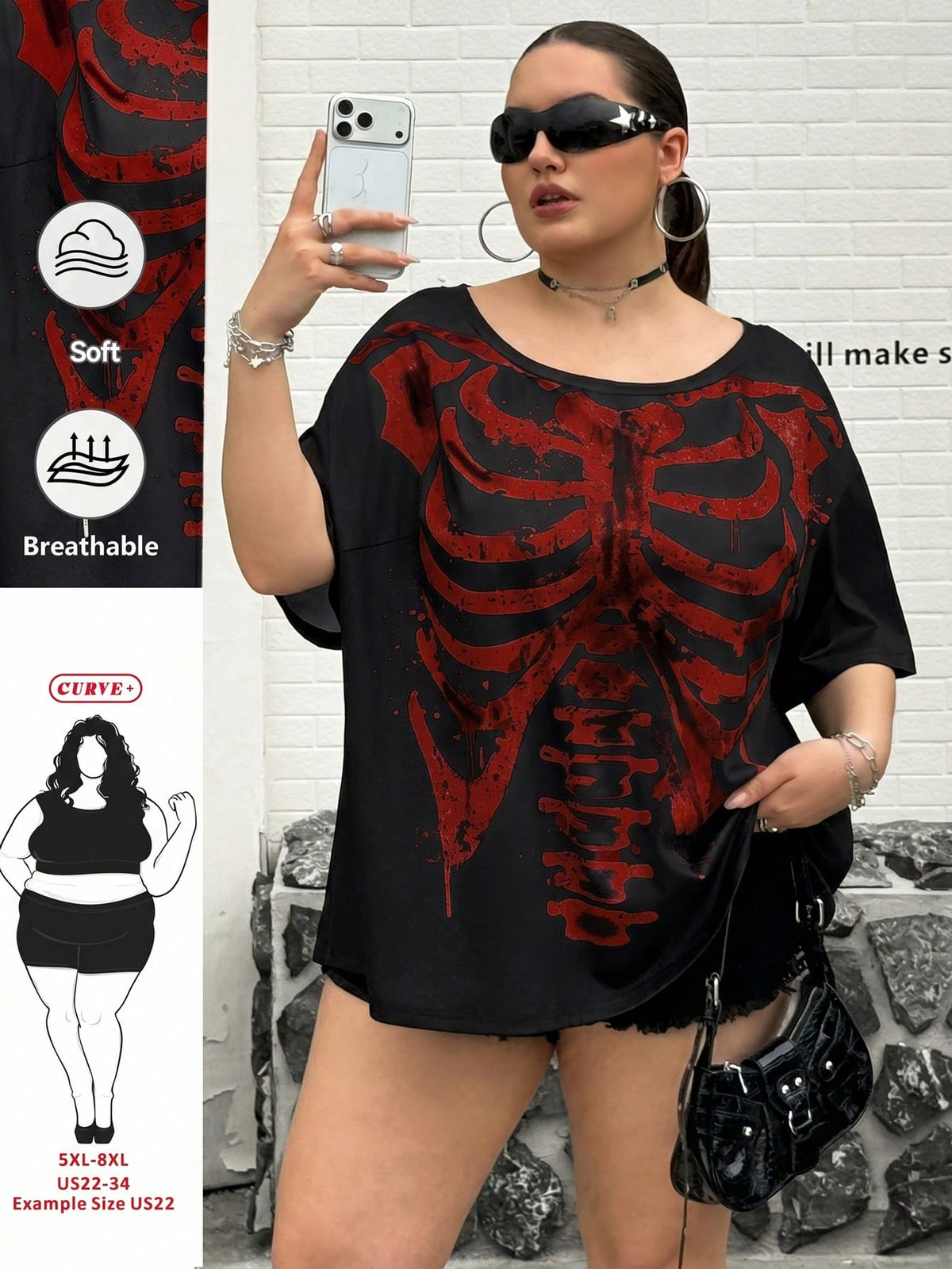 CURVE+ Black Knit Fabric Halloween Skull Print Casual 90s Top, Regular Length, Large Scoop Neck, Half-Off Shoulder Sleeve, Gothic Style Women's Skull Shirt
