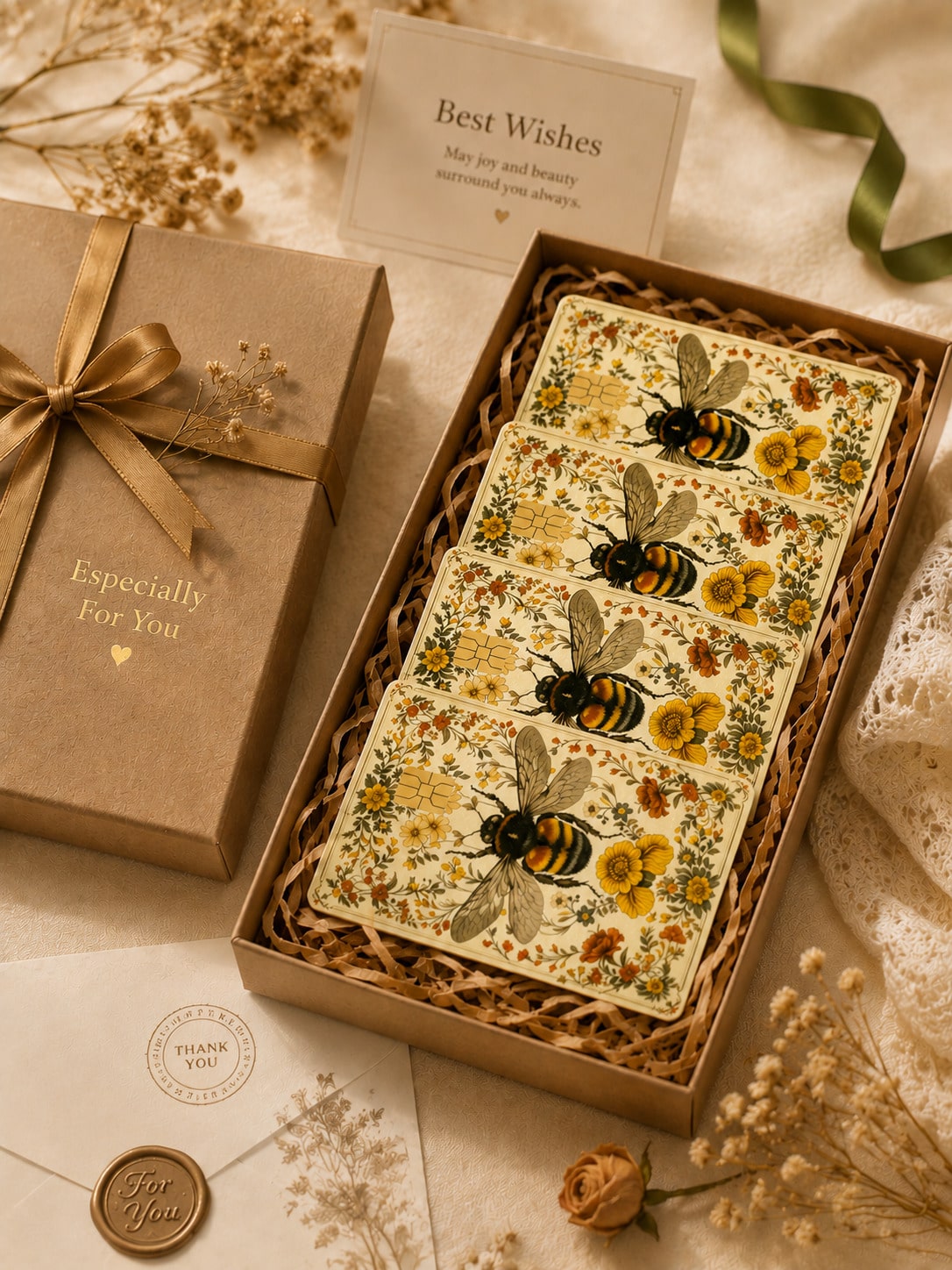 Cute Bee & Floral Sticker Cards- Fashionable Decorative Vinyl Stickers, Suitable For Credit Cards, Wallets, Room Key Cards And Skin Stickers.