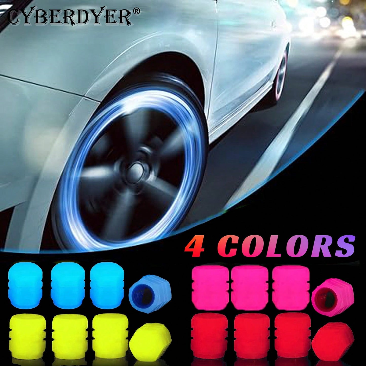 CyberDyer 4pcs Glow-In-The-Dark Tire Valve Caps, Luminous Dust-Proof Tire Valve Stem Covers For Motorcycle & Bicycle