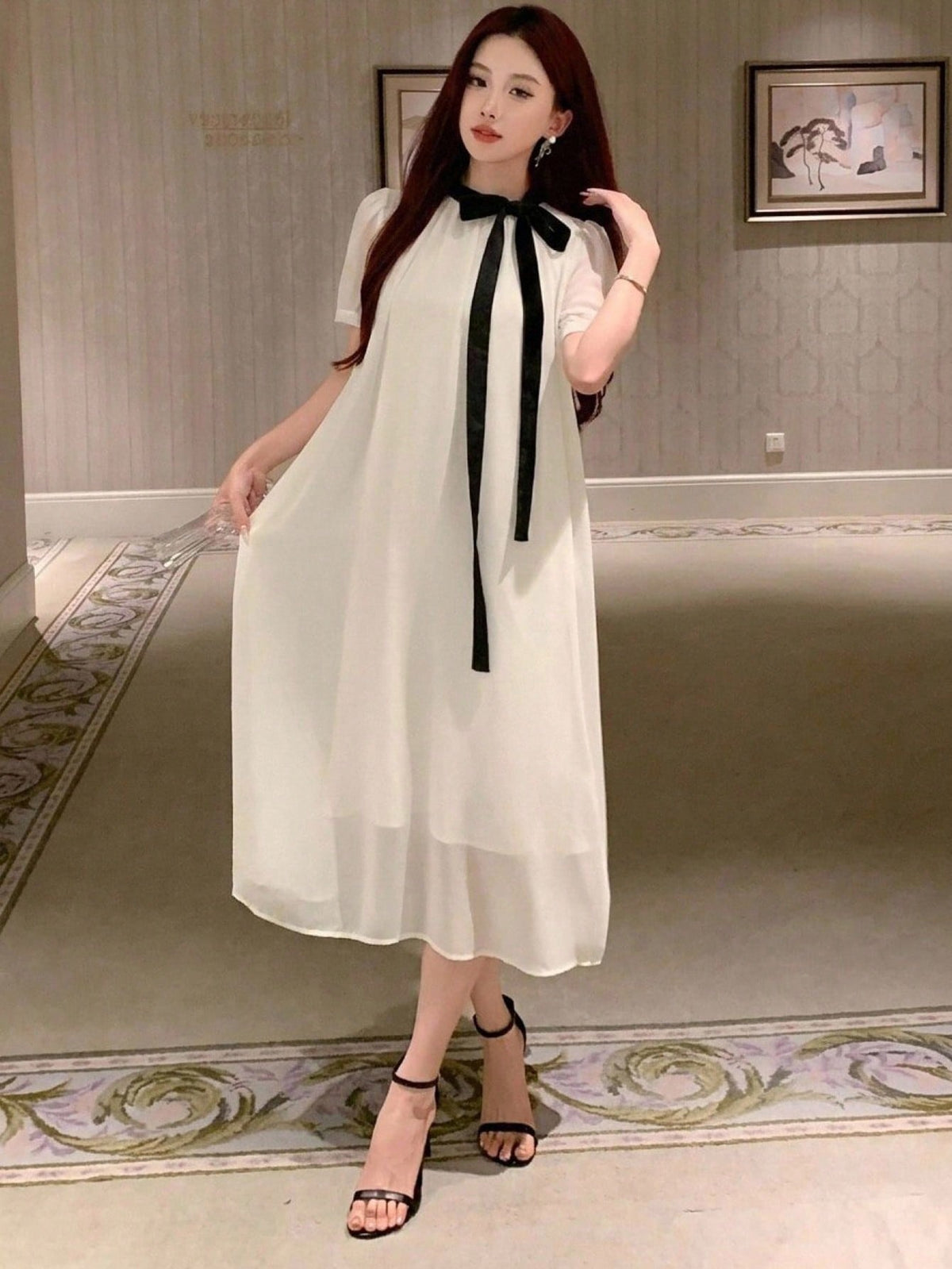 DAZY Spring Summer Autumn Women's Loose A-Line Mid-Length Dress With Peter Pan Collar, Puff Short Sleeves, Black Bow Tie, White Chiffon