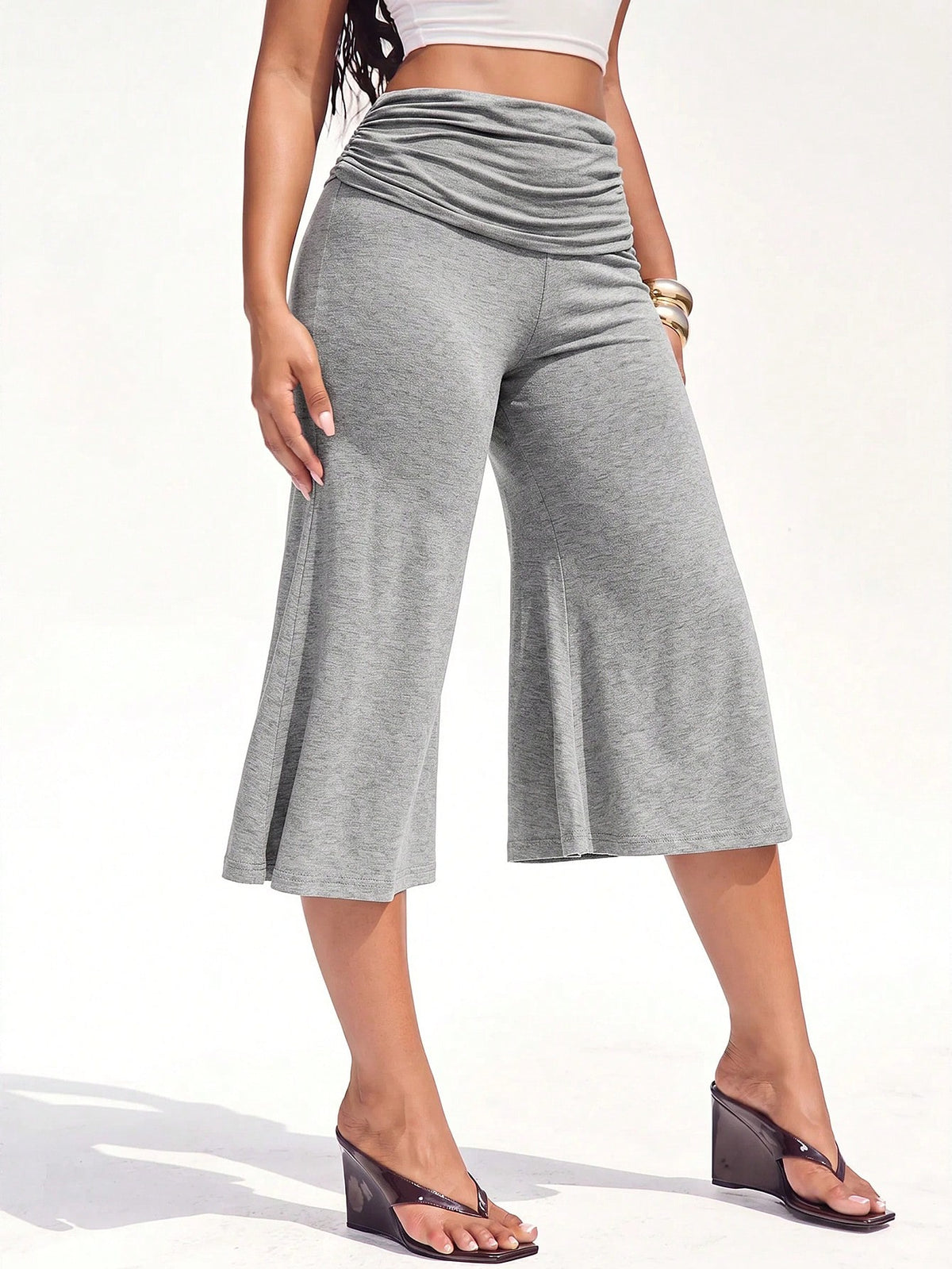 Denimoi Fold Over Waist Guacho Pants Solid Color Culottes Summer Vacation Outfits Y2K Fashionable