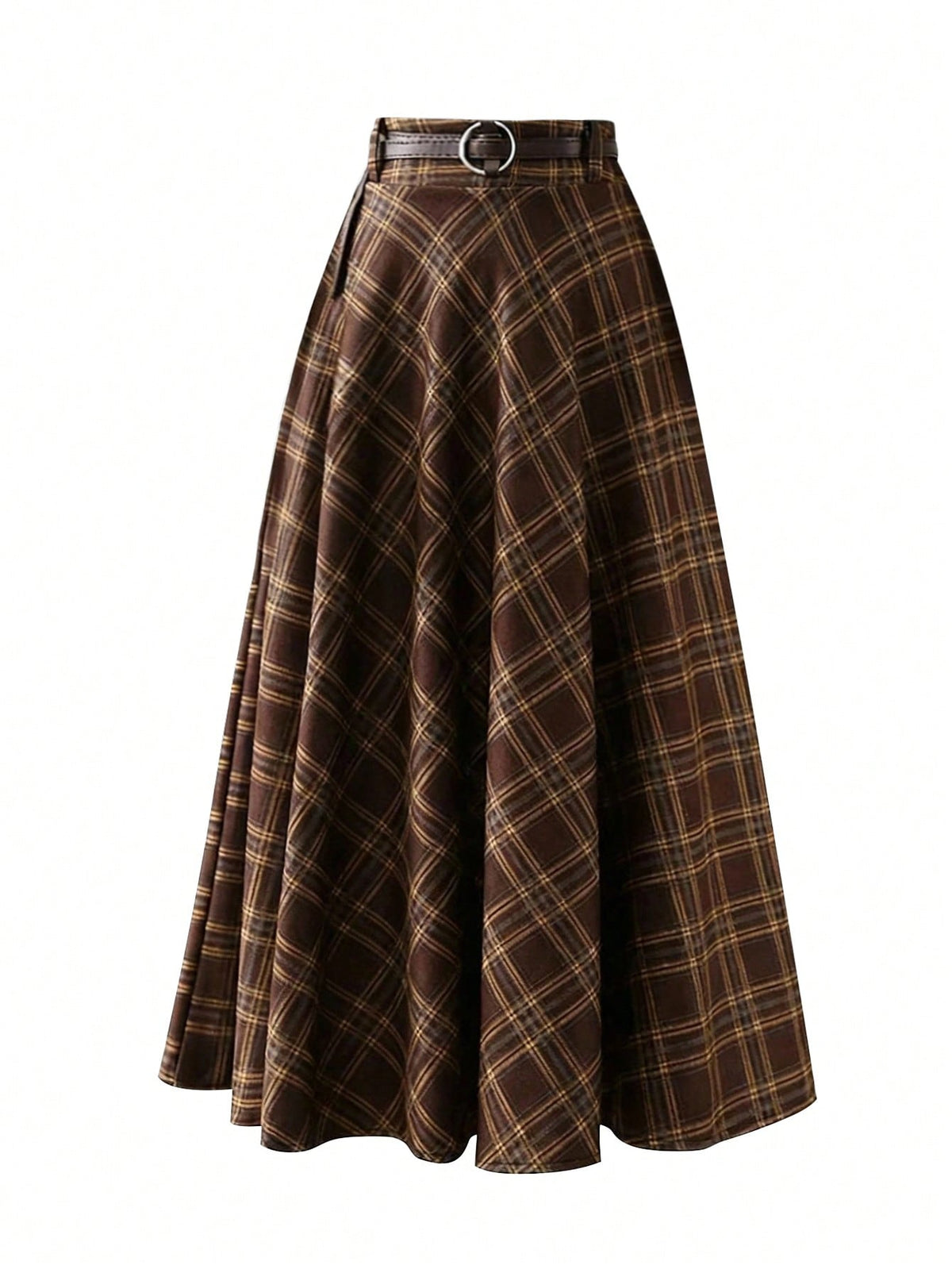 EARO Women's Plaid Print Vintage Casual Commuting Skirt Spring Brown