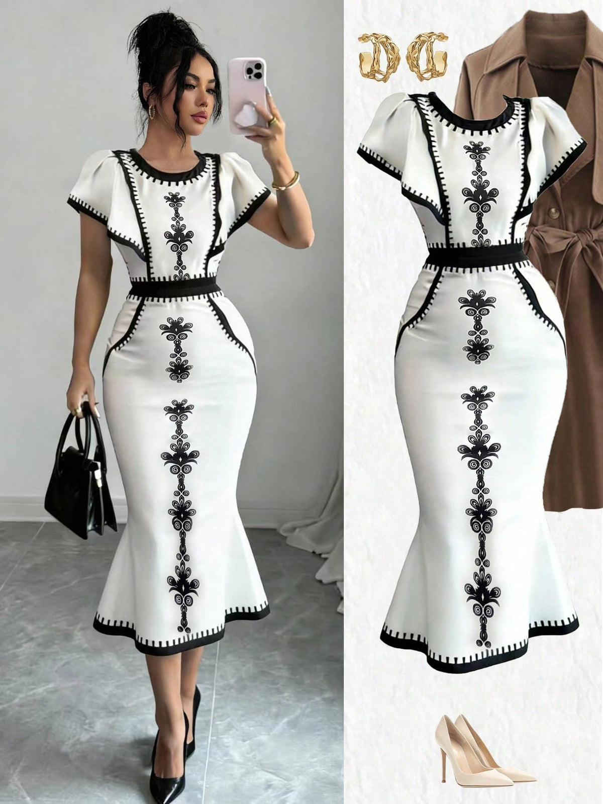 Elenzga Women's Floral Print Round Neck Patchwork Ruffle Hem Fitted Midi Dress
