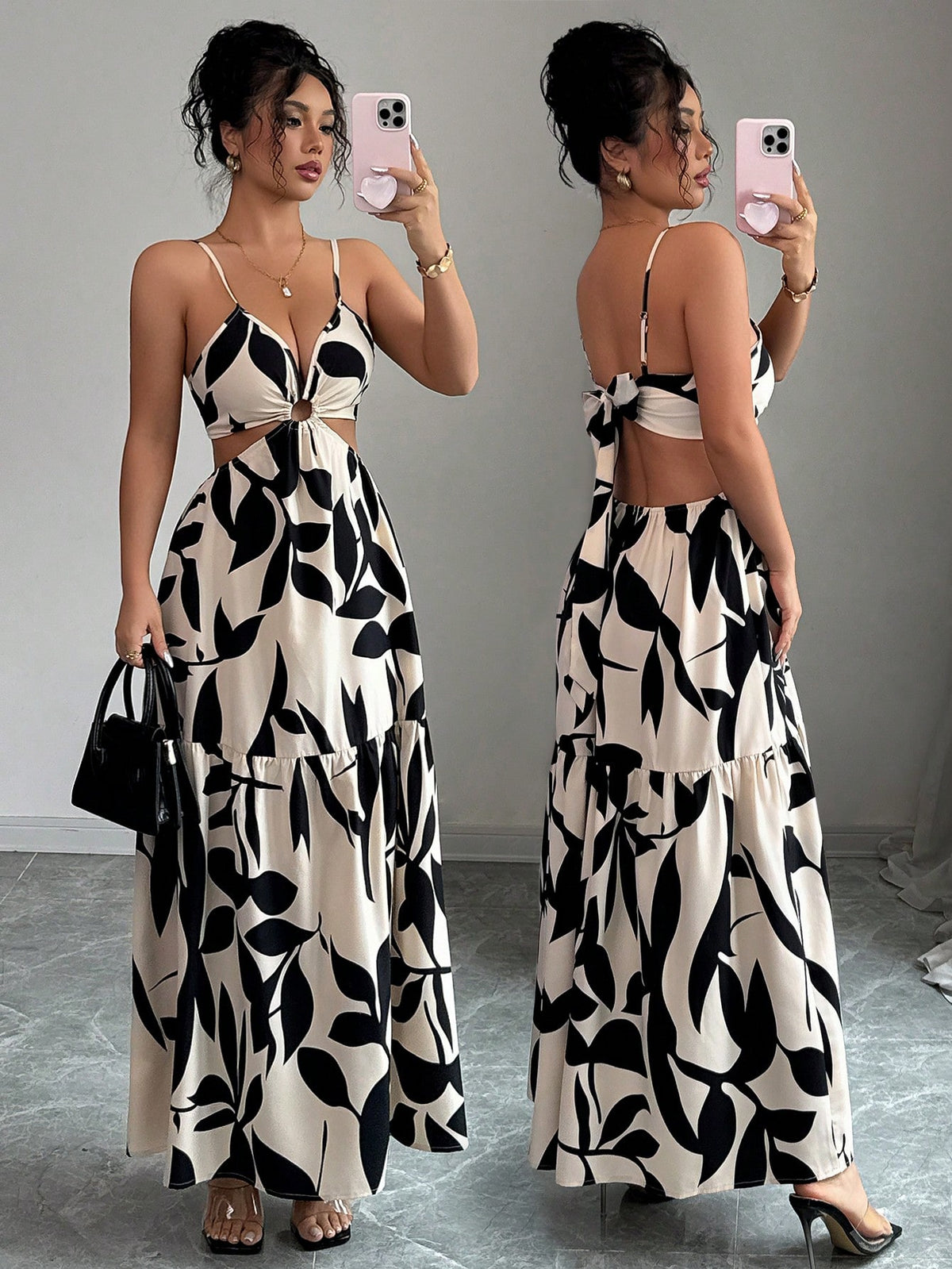 Elenzga Women's Summer New Arrivals Spaghetti Strap Cinched Waist Floral Print Dress (Random Floral Print Cut)