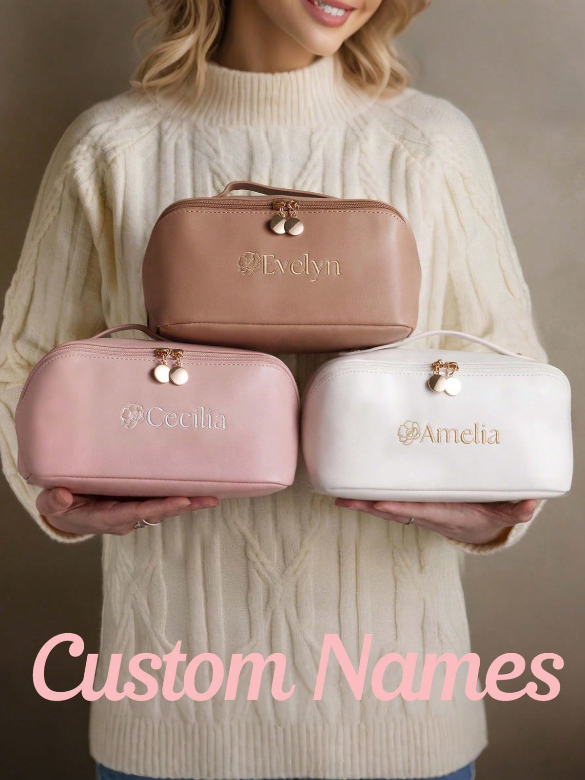 Embroidered Soft PU Leather Makeup Bag Large Capacity Cosmetic Bag Bridesmaid Gift Bag Bridal Party Gift Makeup Storage Bag Women's Toiletry Bag Makeup Bag Bridal Party Gift Toiletry Bag Bridesmaid Gi