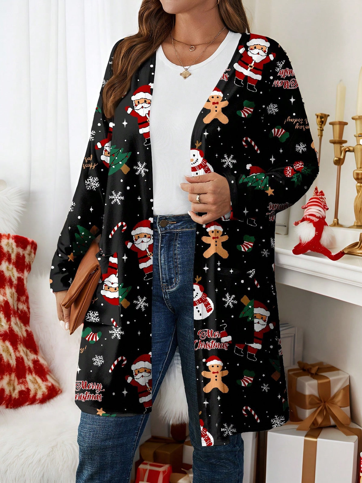 EMERY ROSE Plus Size Women Casual Minimal Christmas Element Printed Loose Long Sleeve Coat, Fall Winter