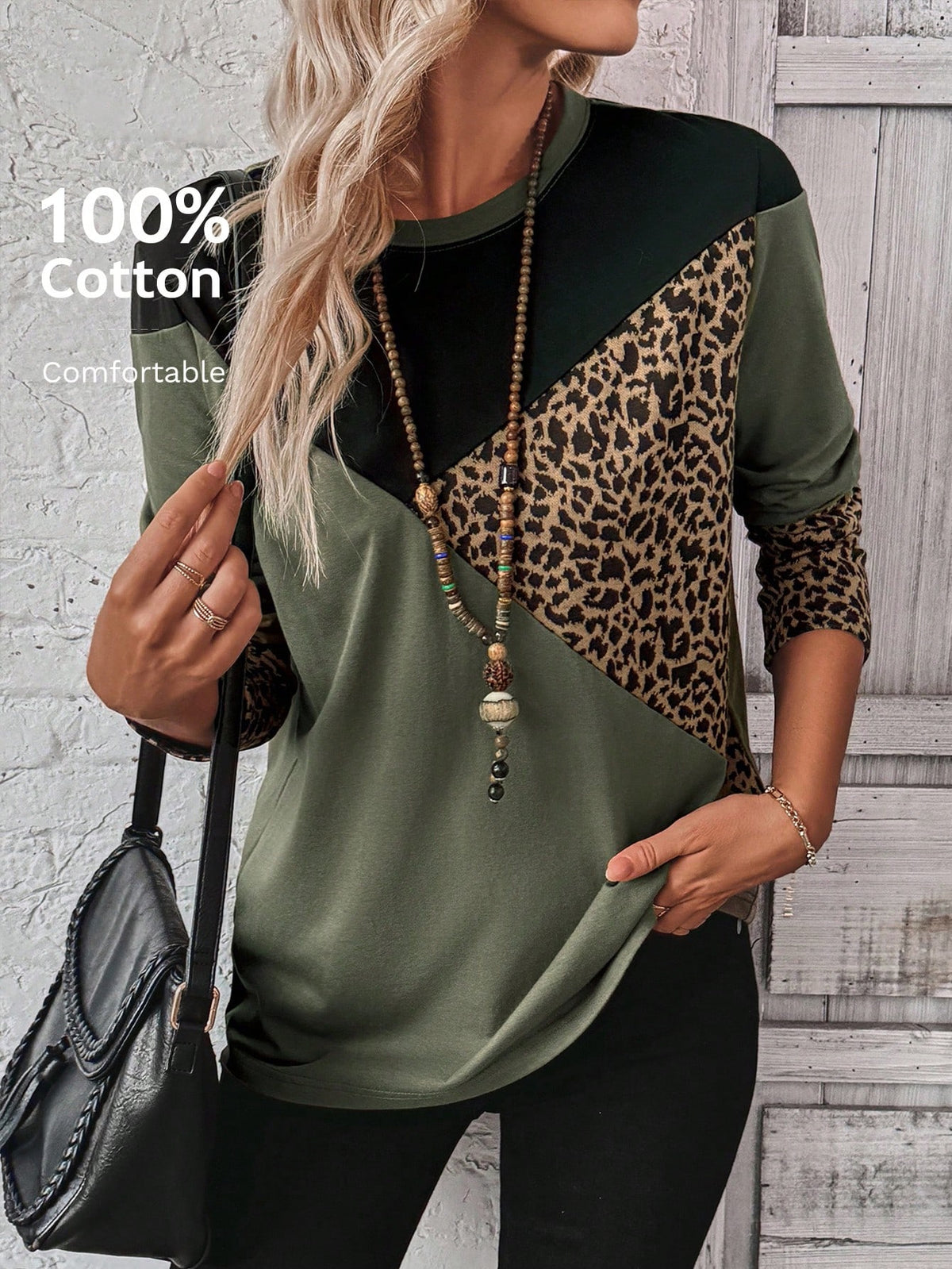 EMERY ROSE Women Casual Colorblock Leopard Print T-Shirt, Autumn