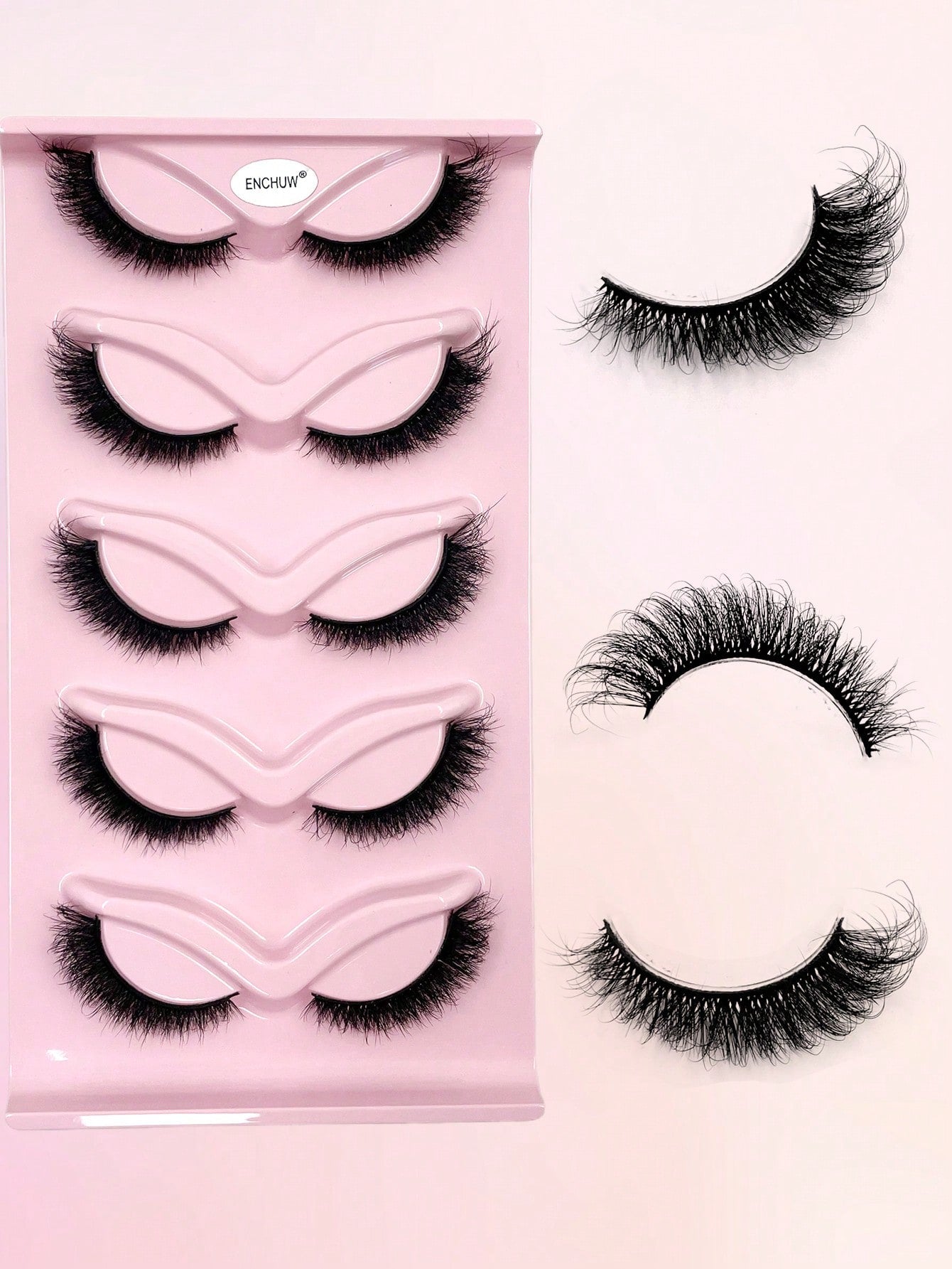 ENCHUW 5 Pairs Cat Eye Lashes Eyelashes 3D Curl Messy End Eye Manga False Eyelashes Soft Black Band Fake Lashes