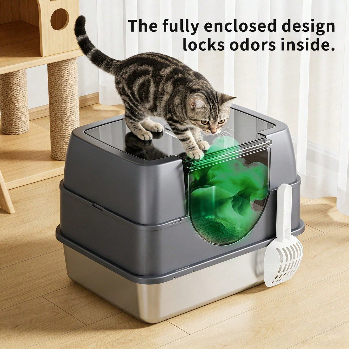 Extra-Large Enclosed Stainless Steel Litter Box| Flip-Top Design With Removable Top For Easy Cleaning| High Rim To Prevent Splashing And Push-Out Steps| Includes Litter Scoop – Ideal For Indoor Cat