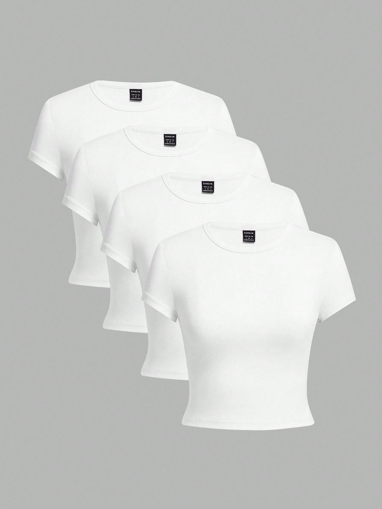EZwear 4pcs/Set White Casual Round Neck Raglan Short Sleeve Fitted Women T-Shirts, Suitable For Summer