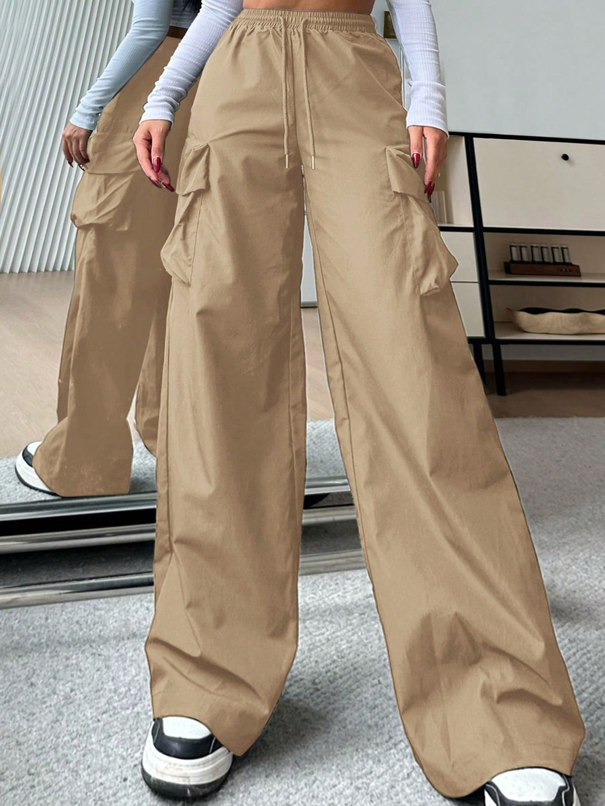 EZwear Casual Solid Color High-Waist Wide Leg Woven Women Long Pants