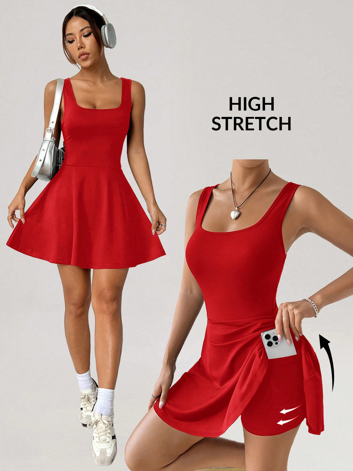 EZwear Summer Red Knit Sleeveless High Stretch Flare Dress