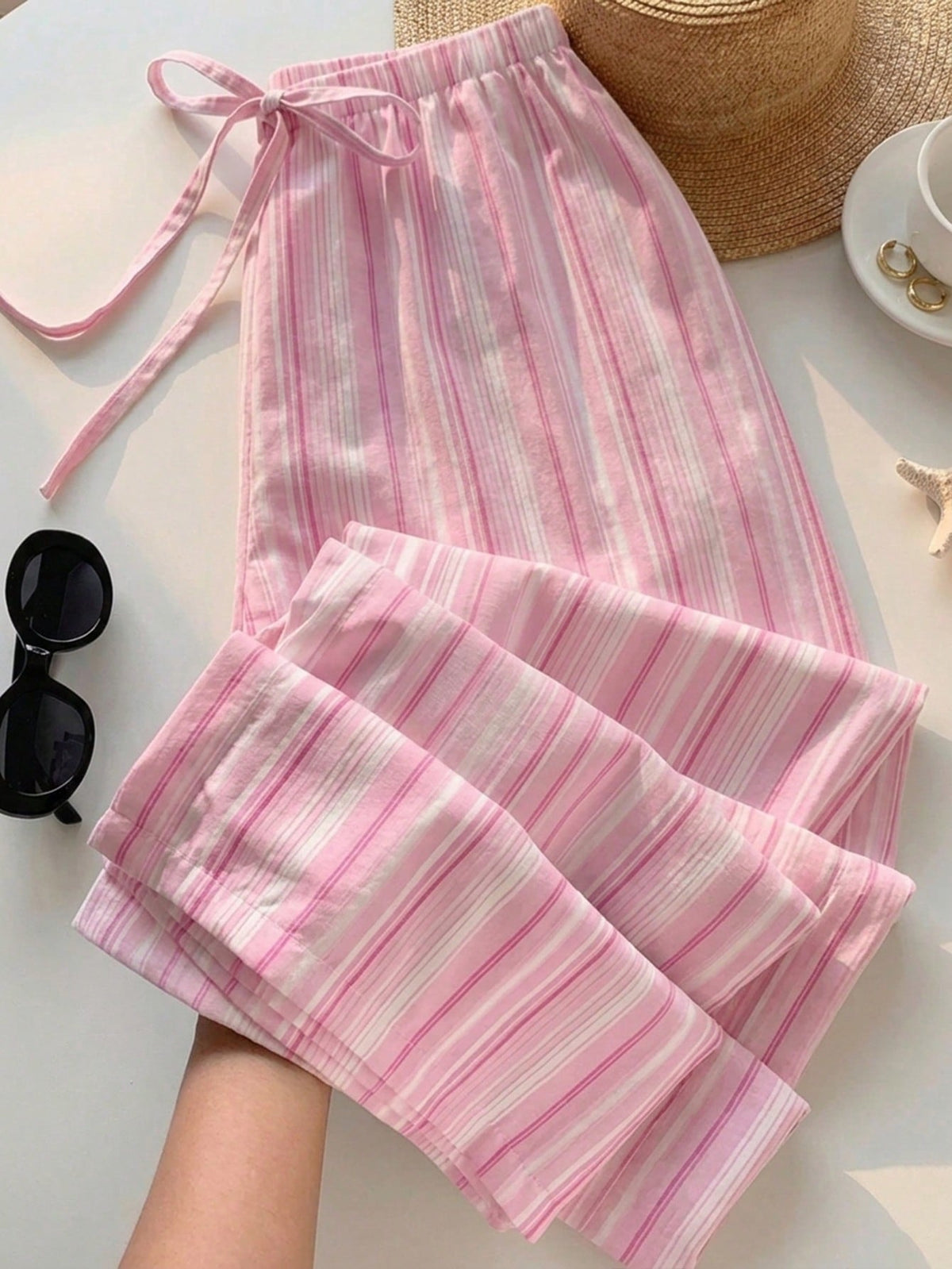 EZwear Women's Casual Waist Tie Straight Leg Pants, Suitable For Summer, Pink Striped Trousers, Women's Summer Clothing
