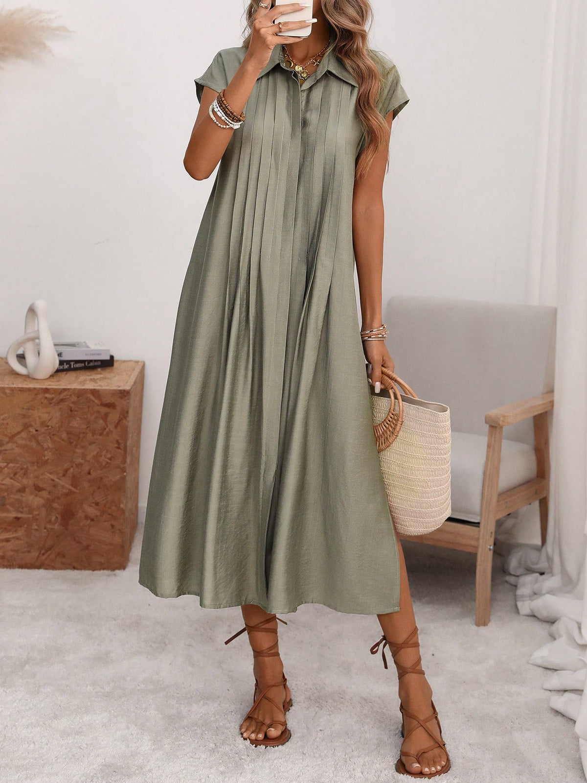 Florisole Women's Shirt Collar Button Down Loose Midi Dress,Sage Green,Summer,Casual,Vacation,Holiday,Elegant French Retro Office Commute Boho Raglan Sleeve
