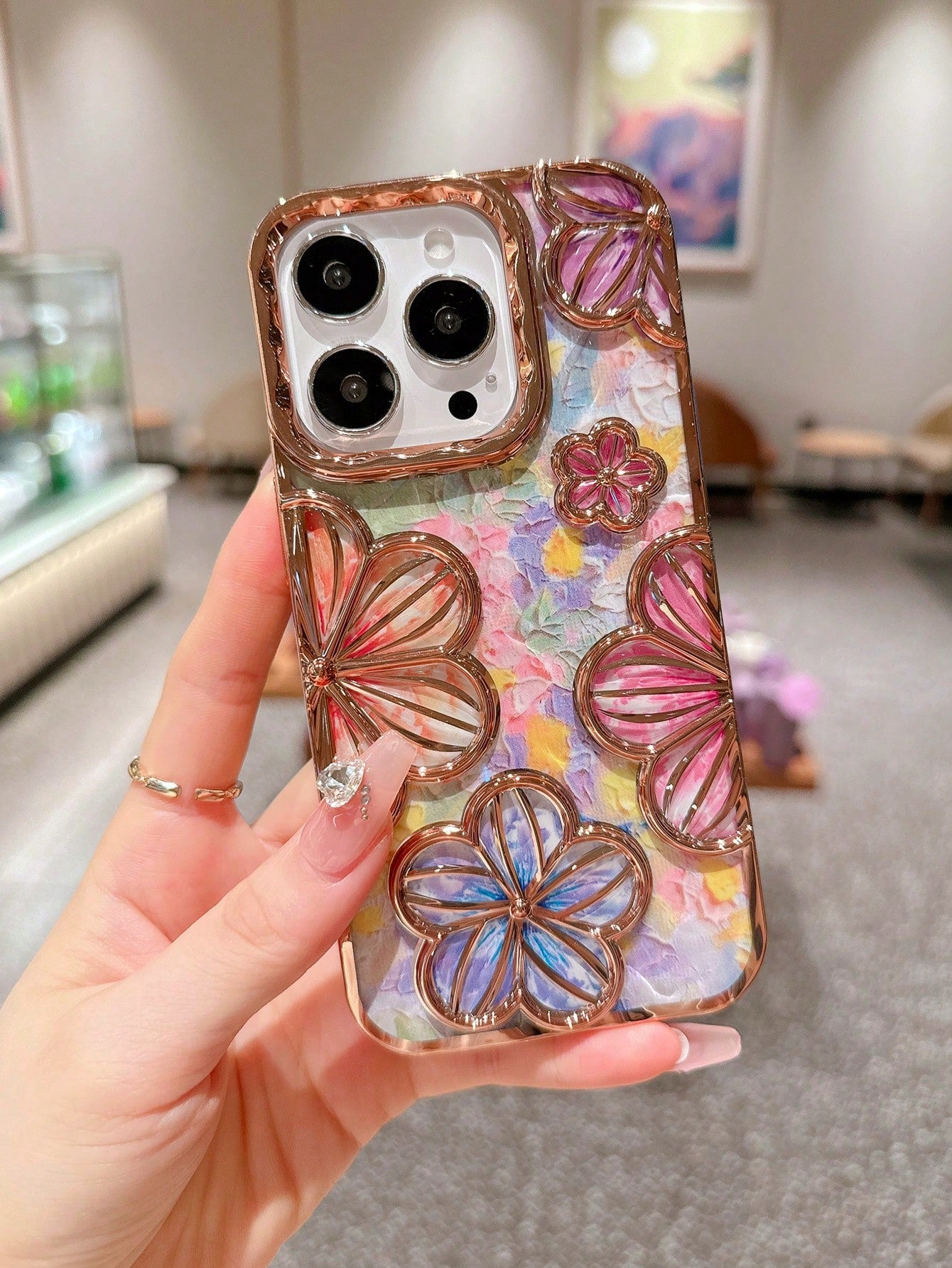 Flower Element TPU Fashion Phone Case TPU Electroplated Floral Summer Vintage Hollow 3D Painting Flowers Drop-Proof Dopamine Phone Case Compatible With IPhone11, IPhone13, IPhone14ProMax, IPhone15, IP