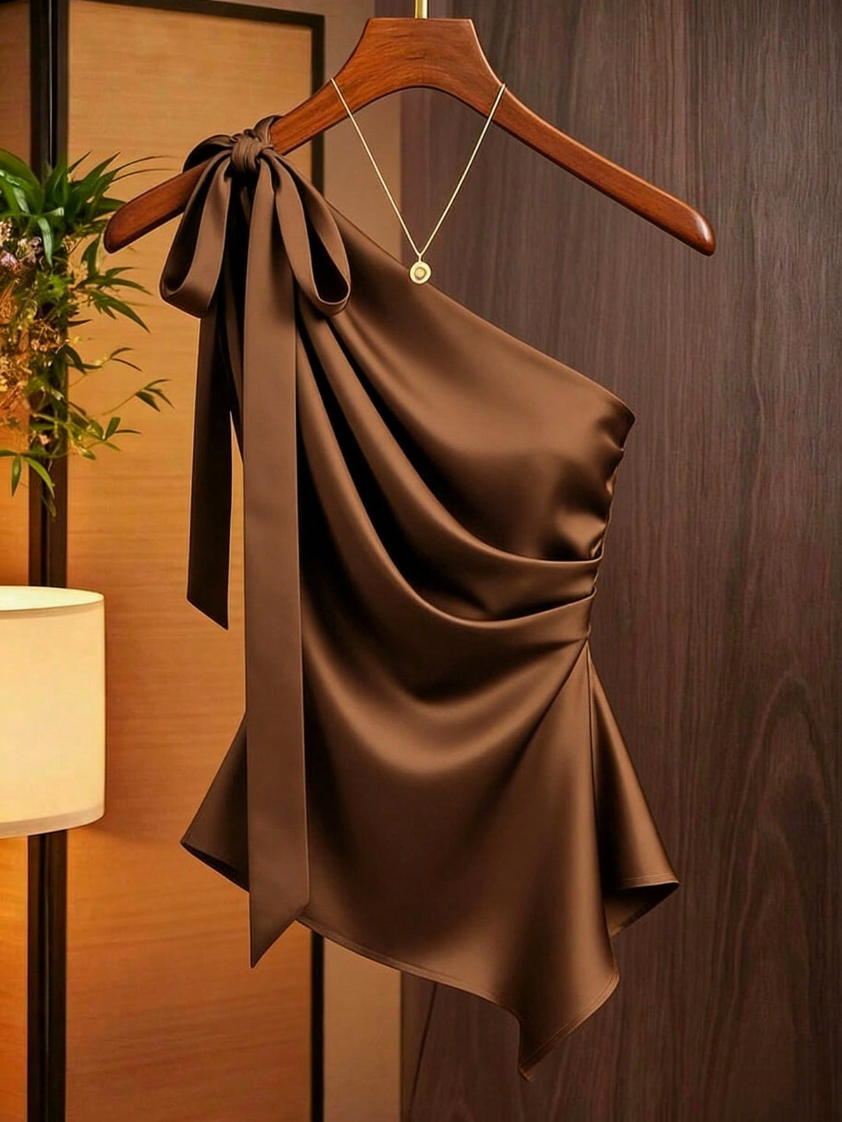 Franclia Women's Coffee Brown Satin Asymmetric One Shoulder Bow Decor Blouse,Elegant Ruched Silk Top For Date,Winter Draped Fitted Casual Work Wear Top