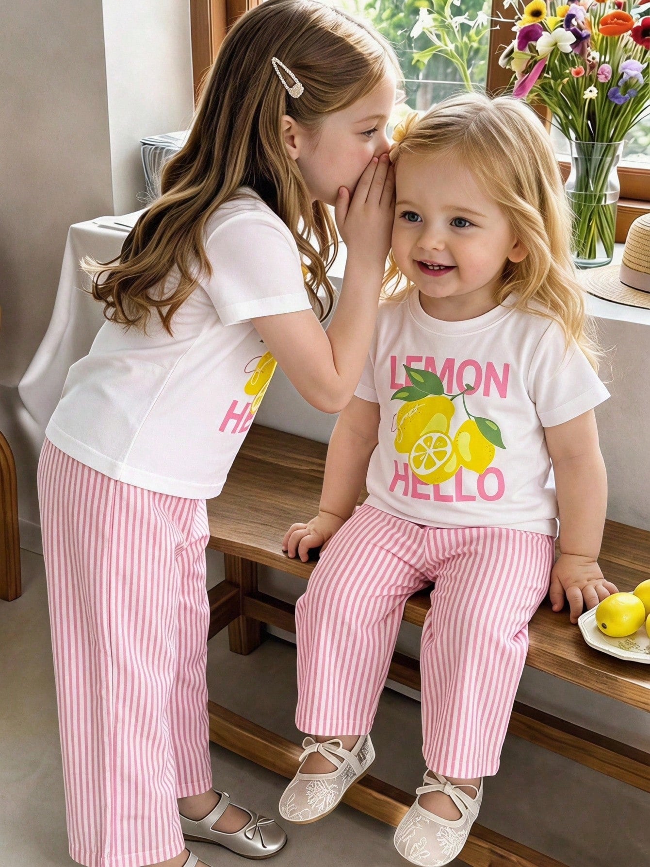 Girls' Summer Short Sleeve 2-Piece Set, Pure Lemon Pink Striped Round Neck T-Shirt With Letter Print, Vertical Striped Loose Long Pants, Cute Casual