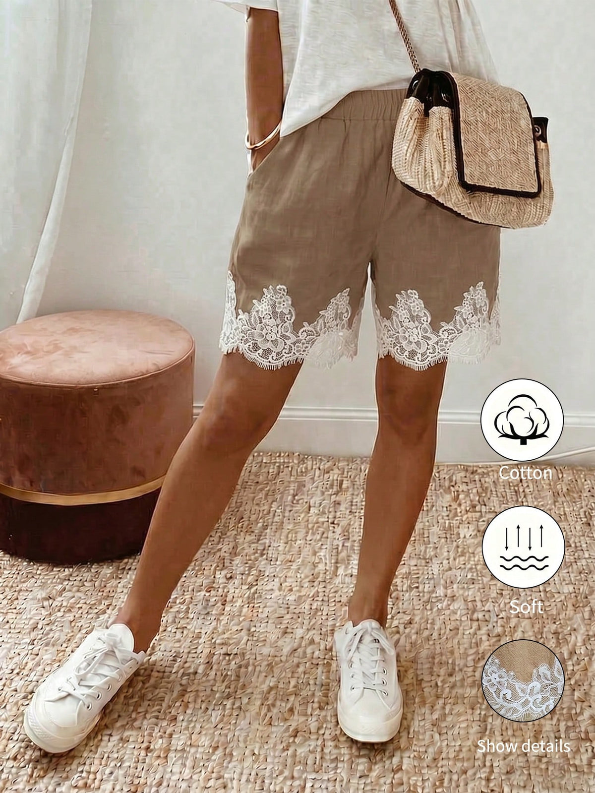 Holidaya Holidaya Women's Summer New Cotton Casual Drawstring Lace Spliced Hem Shorts, Featuring A Cotton Textured Fabric, Paired With An Elastic Waist Drawstring Design And Lace Spliced Hem Det