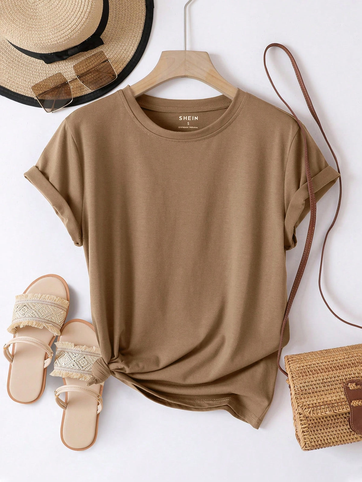 INAWLY Solid Round Neck Tee