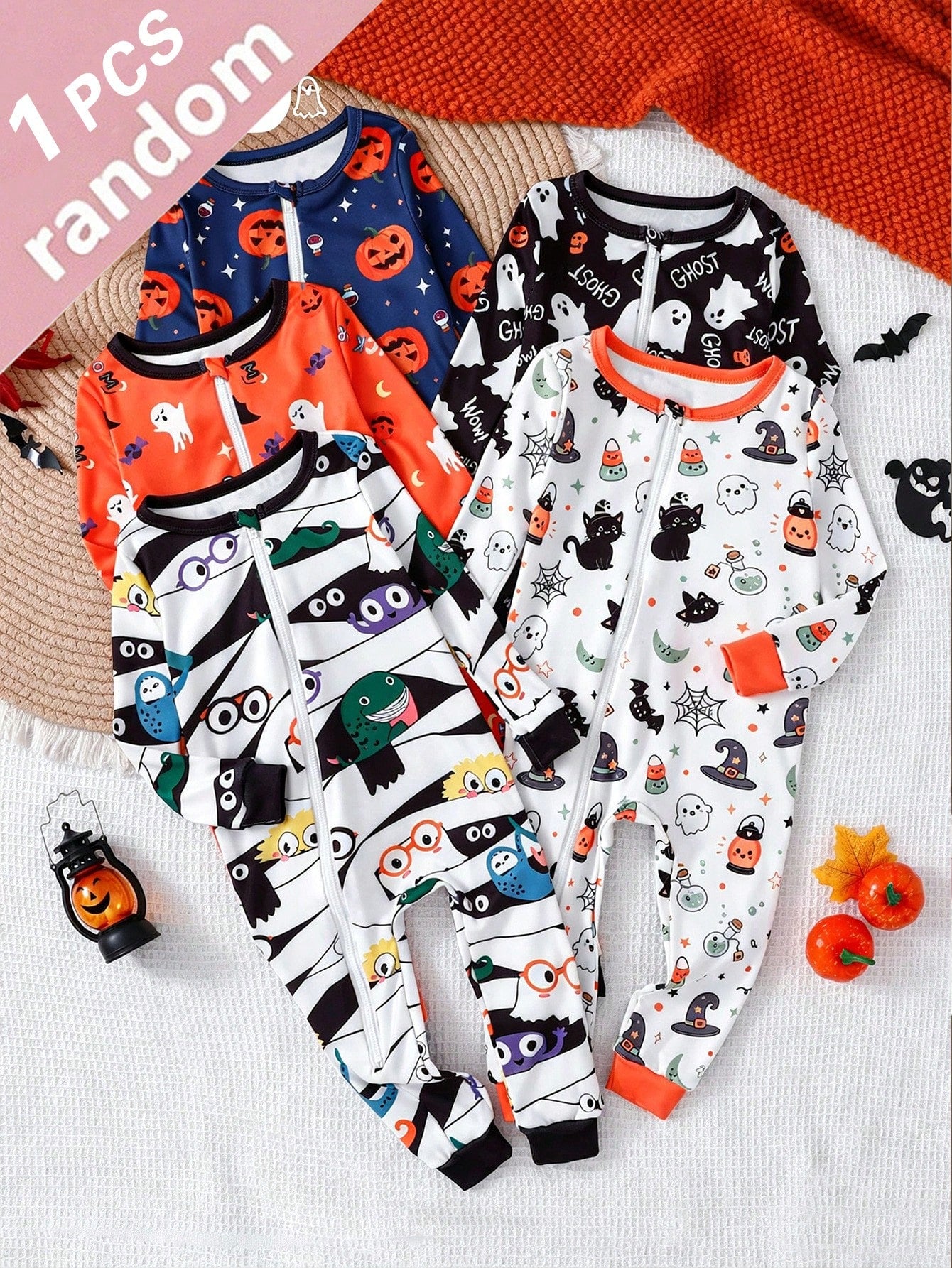 Infant Boys Halloween Pumpkin & Little Ghost All-Over Print Cartoon Fitted Long Sleeve Bodysuit, Footless, Random 1pc