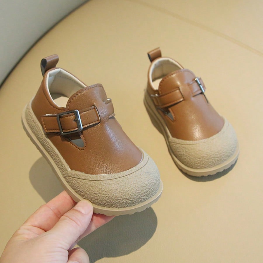 Kids' Vintage Leather Shoes, Unisex Baby Double Buckle Soft Sole Slip-On Shoes, Toddler Colorblock Closed Toe Casual Shoes, Double Metal Buckle Hook And Loop Soft Leather Walking Shoes, Versatile Kind