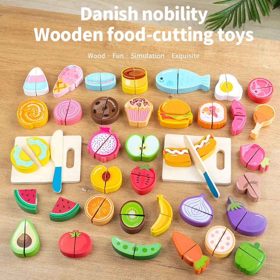 Kids Wooden Realistic Fruit Vegetable Dessert Cutting Play Set- Lifelike Educational Kitchen Accessories- Develop Hands-On Skills Learning Gift For Boys And Girls