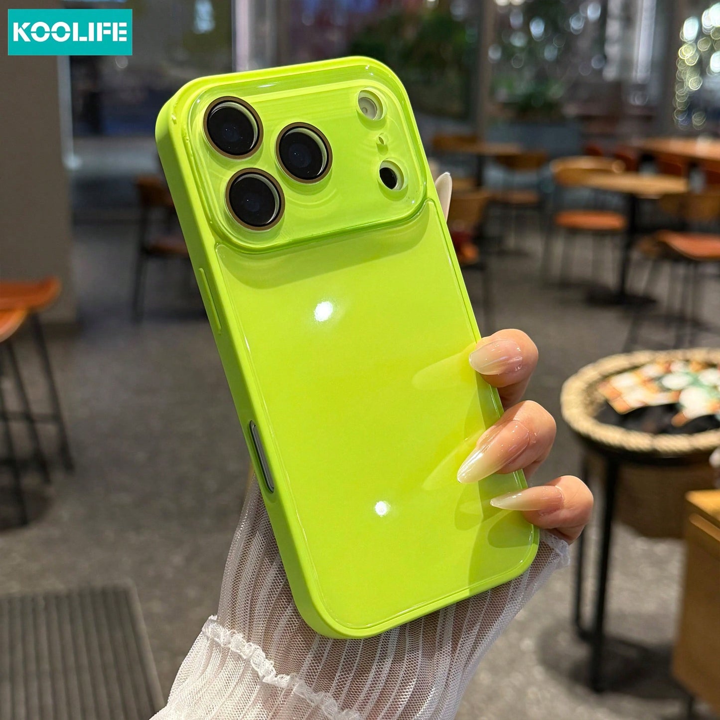 Koolife 1pc Fluorescent Green Glossy Glass Phone Case Luxury Anti-Drop Hard Protective Shell Full Camera Protection For Phone18pro/18pro Max/17/17pro/17promax/16/15/14/13/12/11