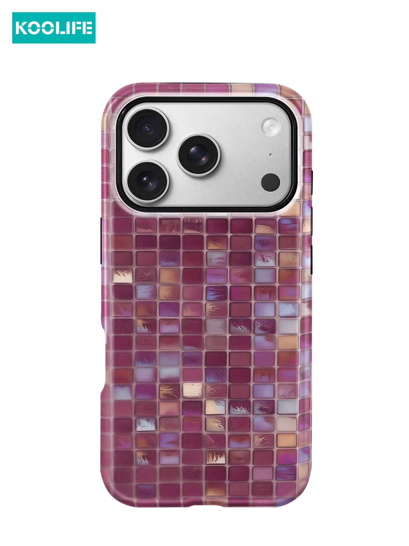 Koolife 1pc Purple Colorful Mosaic Grid Phone Case, 2-In-1 Phone Case, PC+TPU Material, Glossy Hard Shell, Shiny Tile Pattern Scratch-Resistant Anti-Drop Protective Cover, For Phone18pro/18pro Max/17
