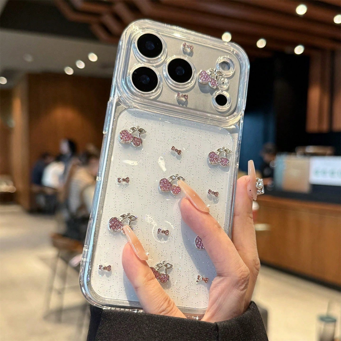 Korean Glitter Epoxy Resin 3D Cherry Blossom Phone Case Compatible With Iphone 17 Pro Max, 16 Pro Max, 15 Pro, 14 Pro, 13, Transparent Protective Cover, Super Beautiful Niche Girly Style