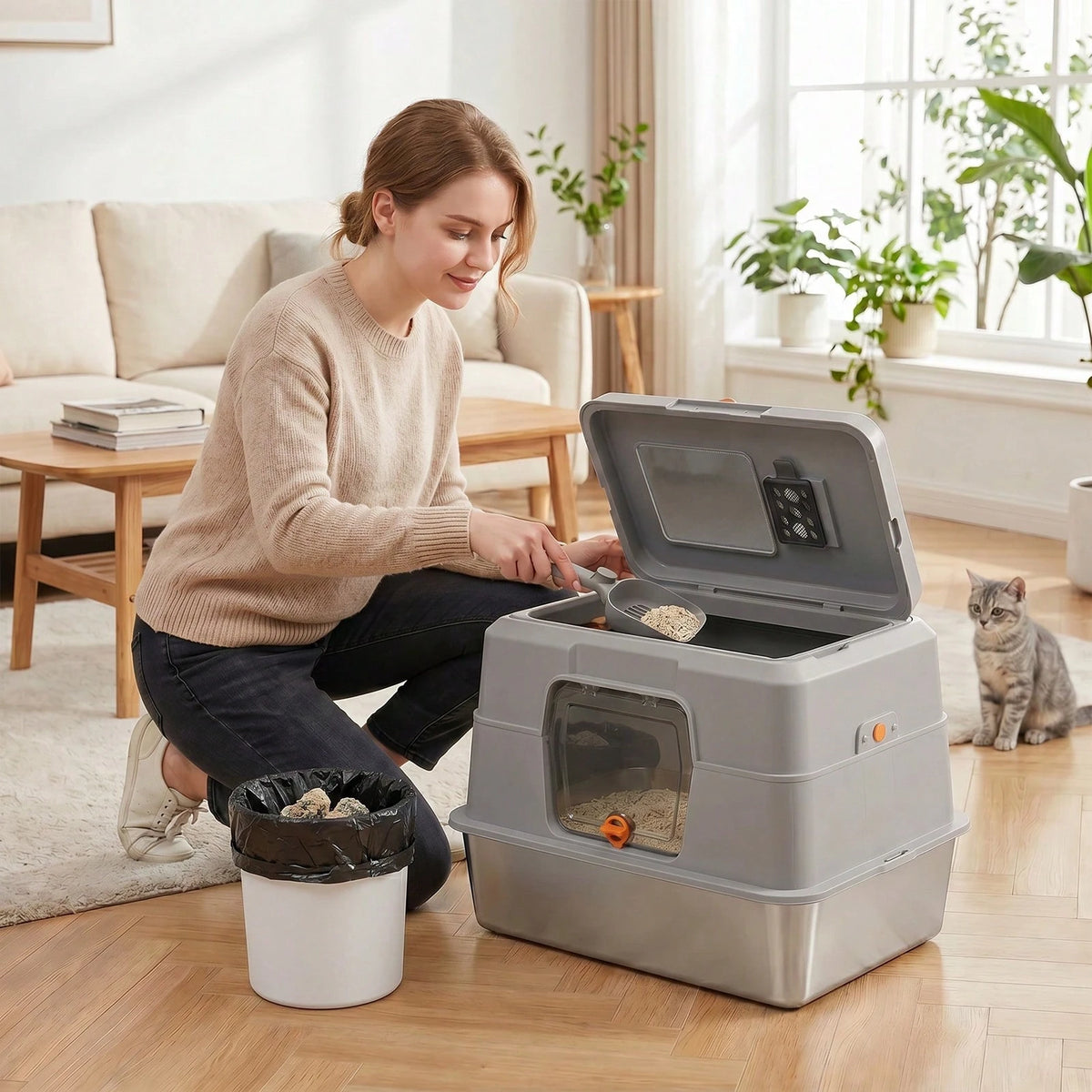 Large Stainless Steel Litter Box With Lid, High Sided Enclosed Metal Cat Litter Pan, Dog Proof Front Entry Top Exit, Odor Control Easy Clean Leak Proof, Includes Mat, Scoop & Step Ideal For Small To M