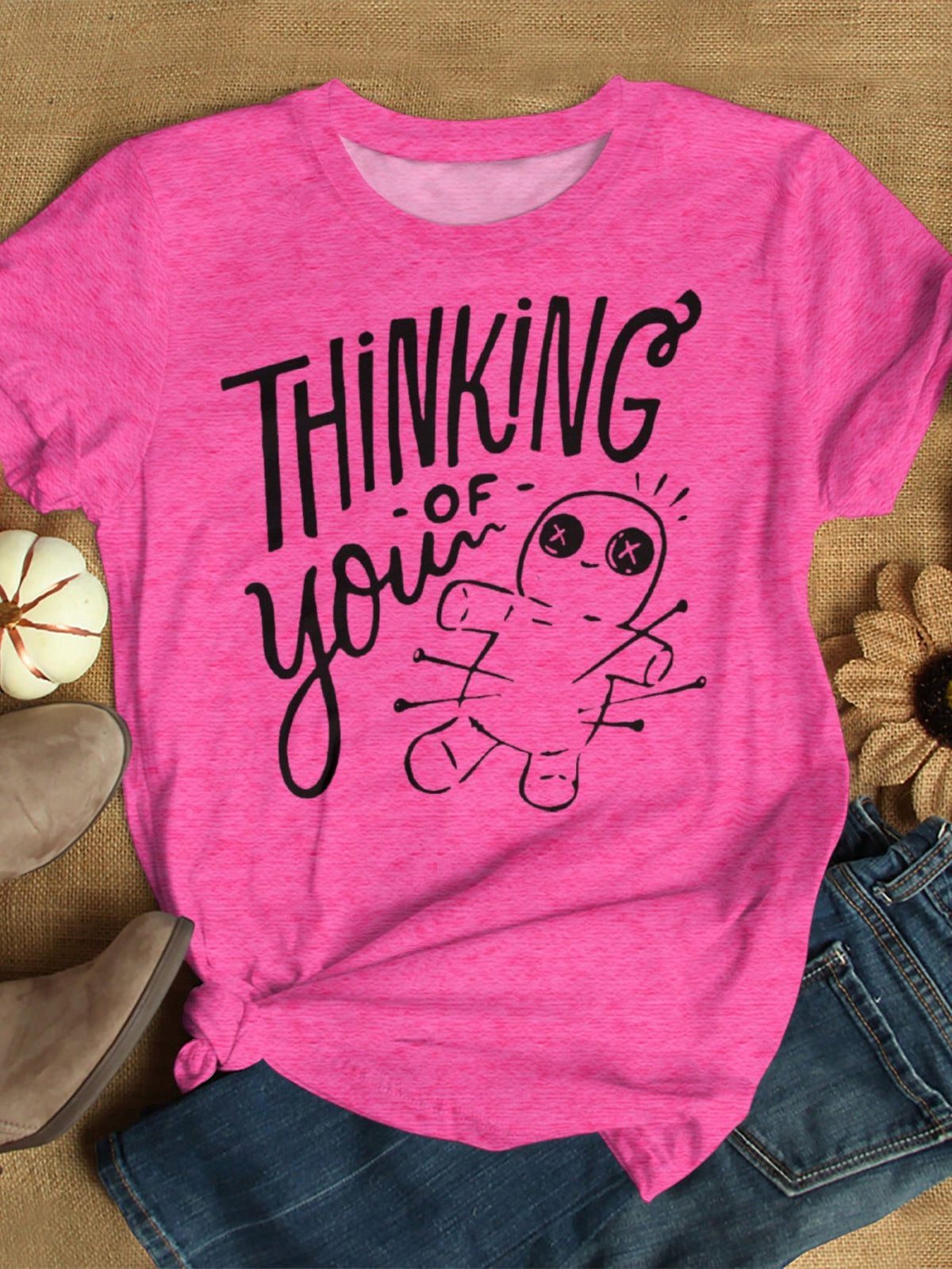 LUNE Plus Size Thinking Of You Voodoo Doll Print T-Shirt,With Pins And Needles Print Graphic Tees Women Tops